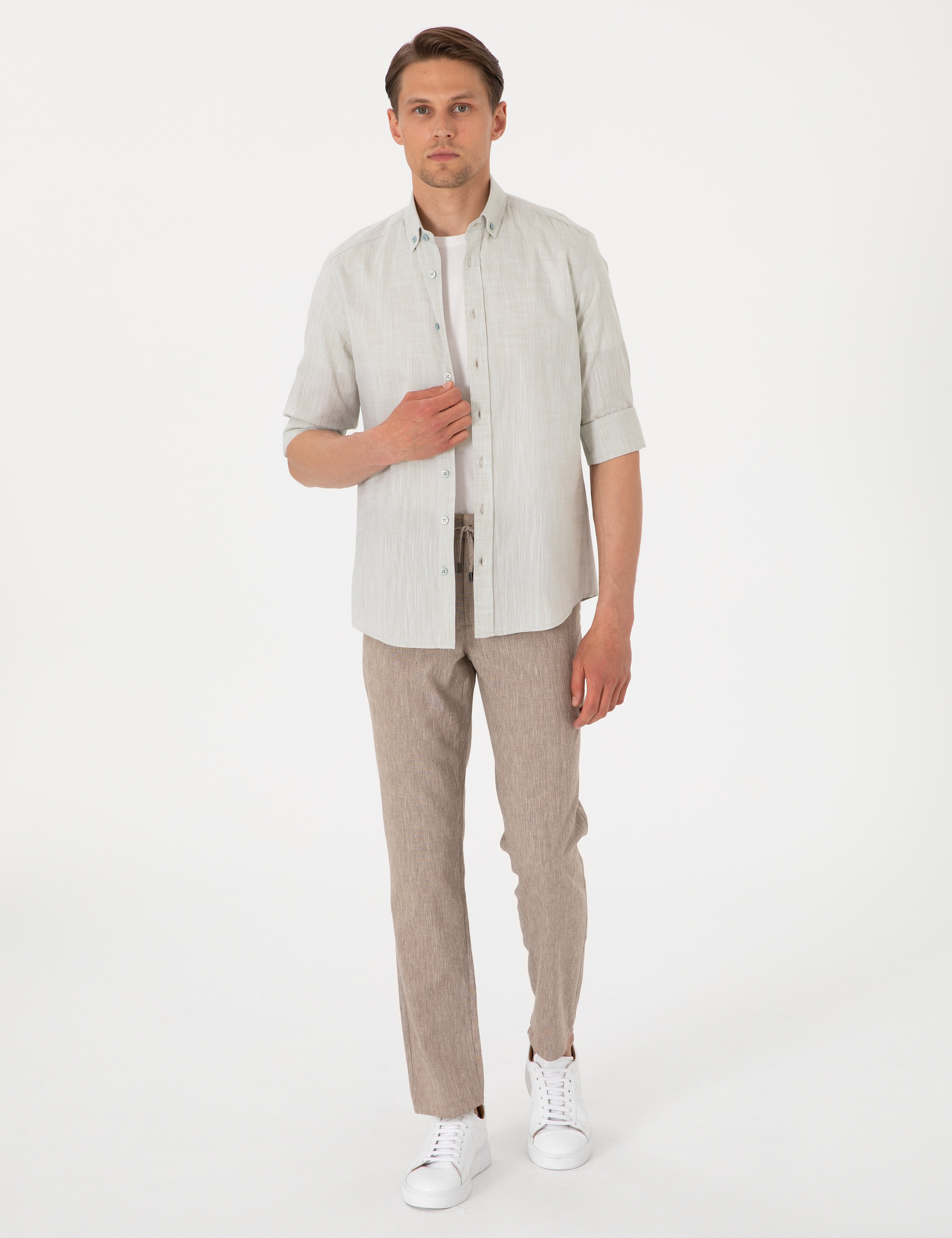 Çağla Keten Görünümlü Slim Fit Uzun Kollu Gömlek
