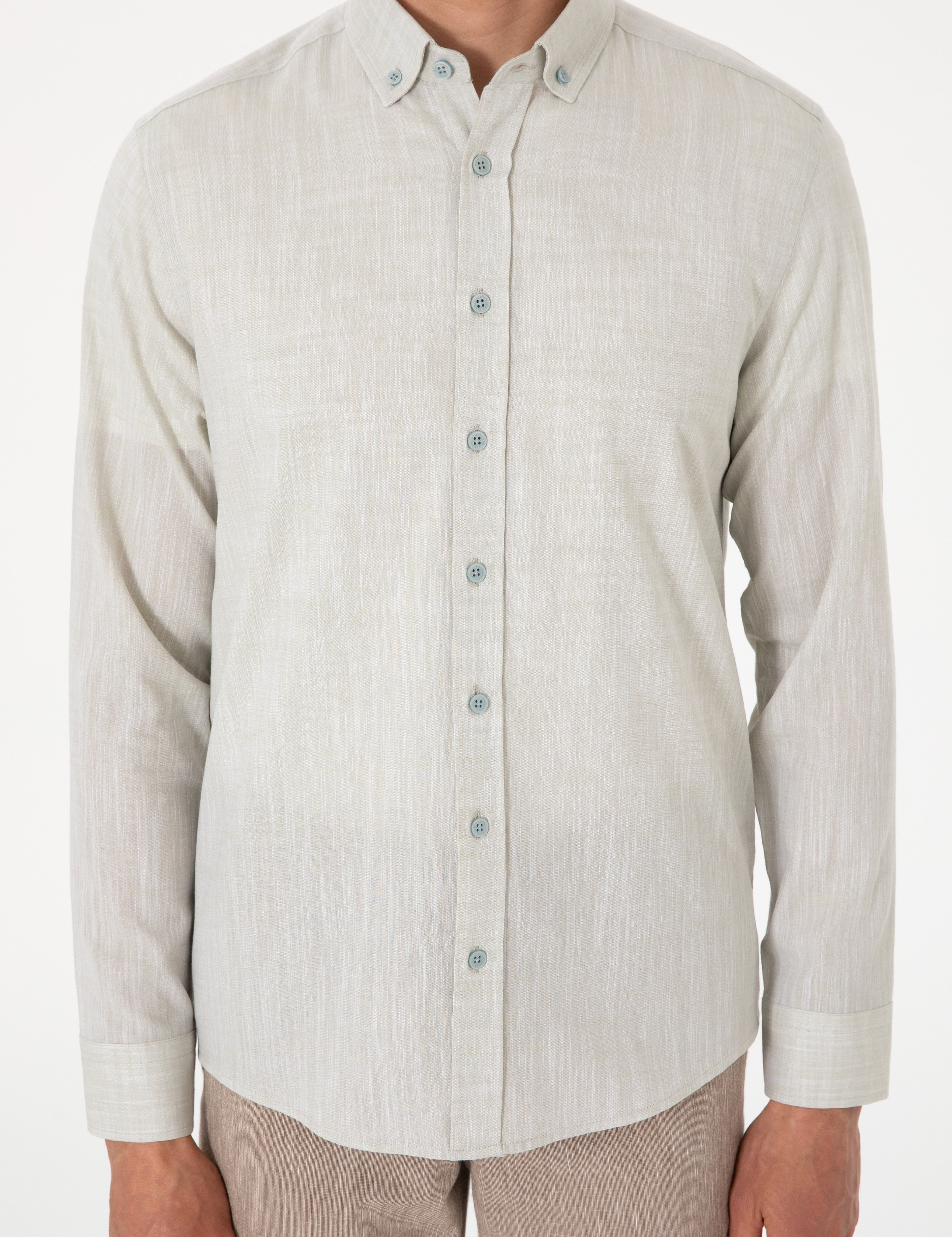 Çağla Keten Görünümlü Slim Fit Uzun Kollu Gömlek - Image 6