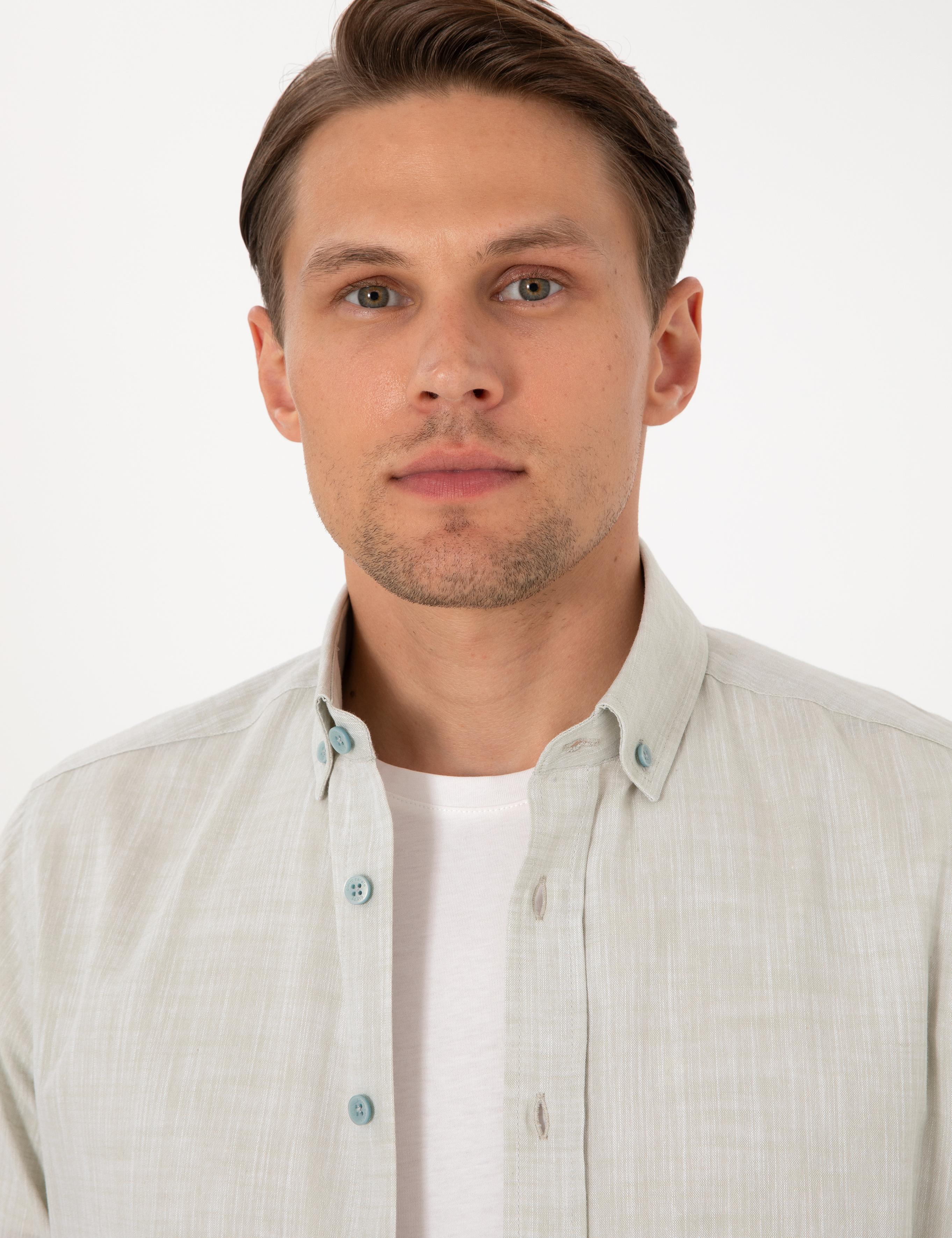 Çağla Keten Görünümlü Slim Fit Uzun Kollu Gömlek