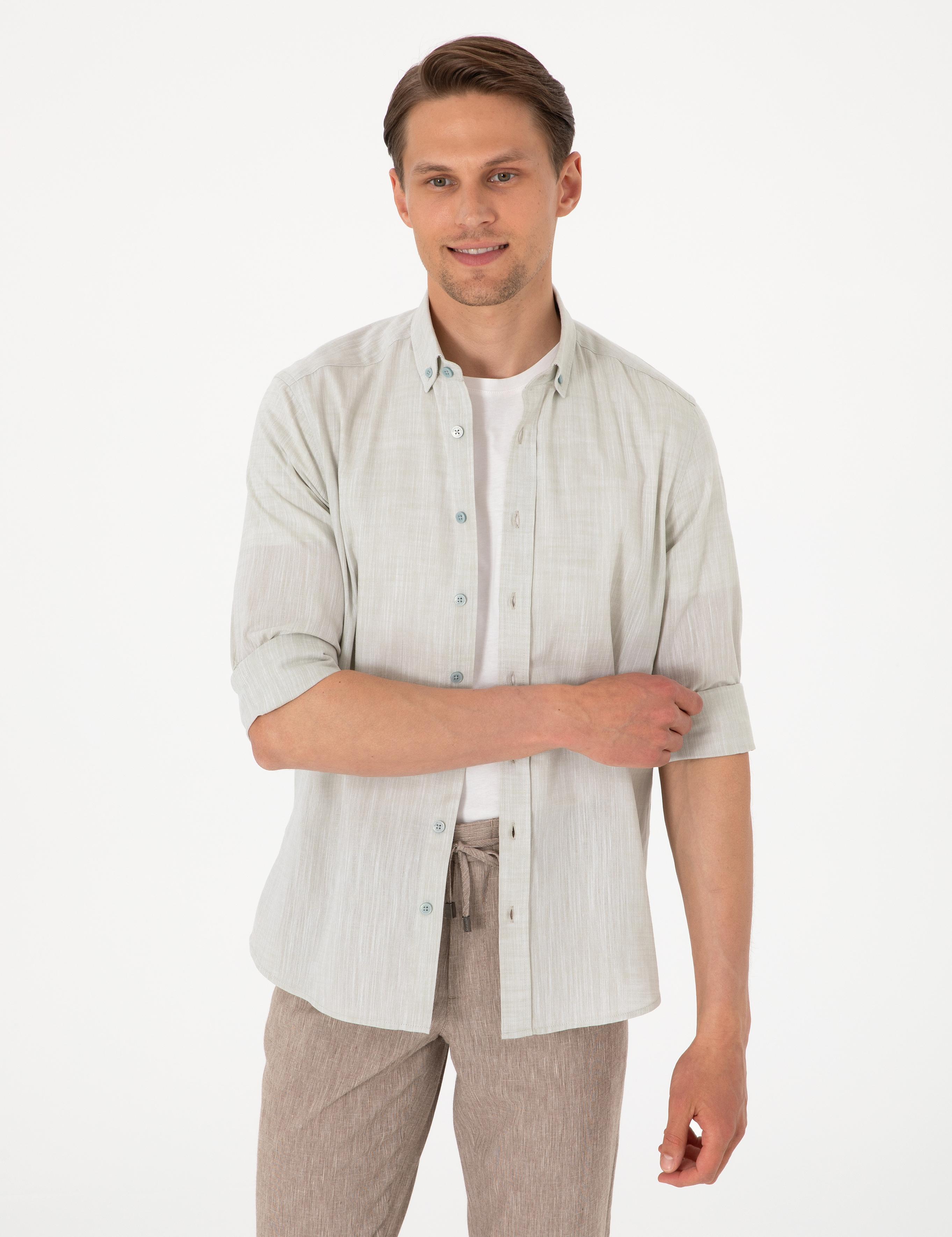 Çağla Keten Görünümlü Slim Fit Uzun Kollu Gömlek