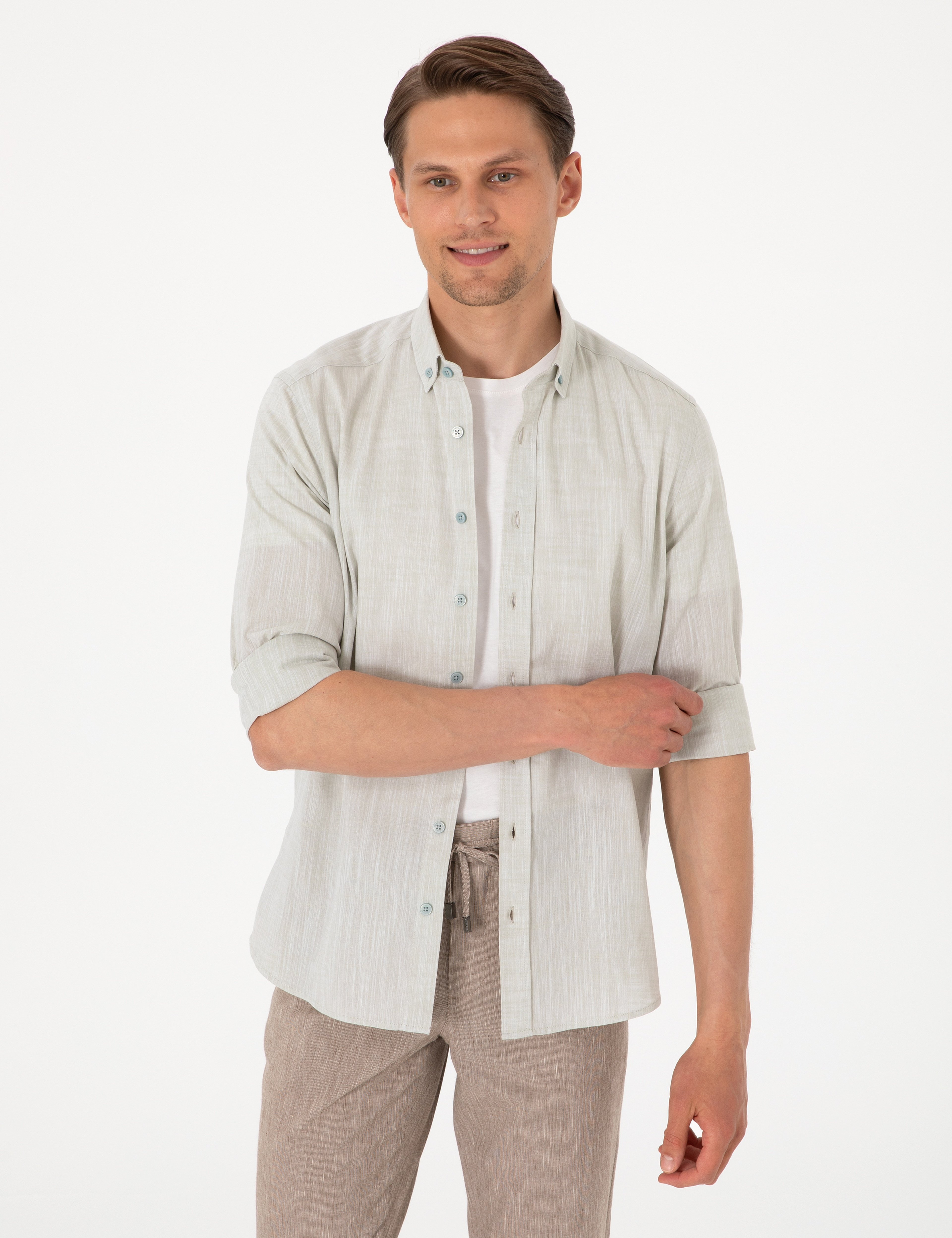 Çağla Keten Görünümlü Slim Fit Uzun Kollu Gömlek