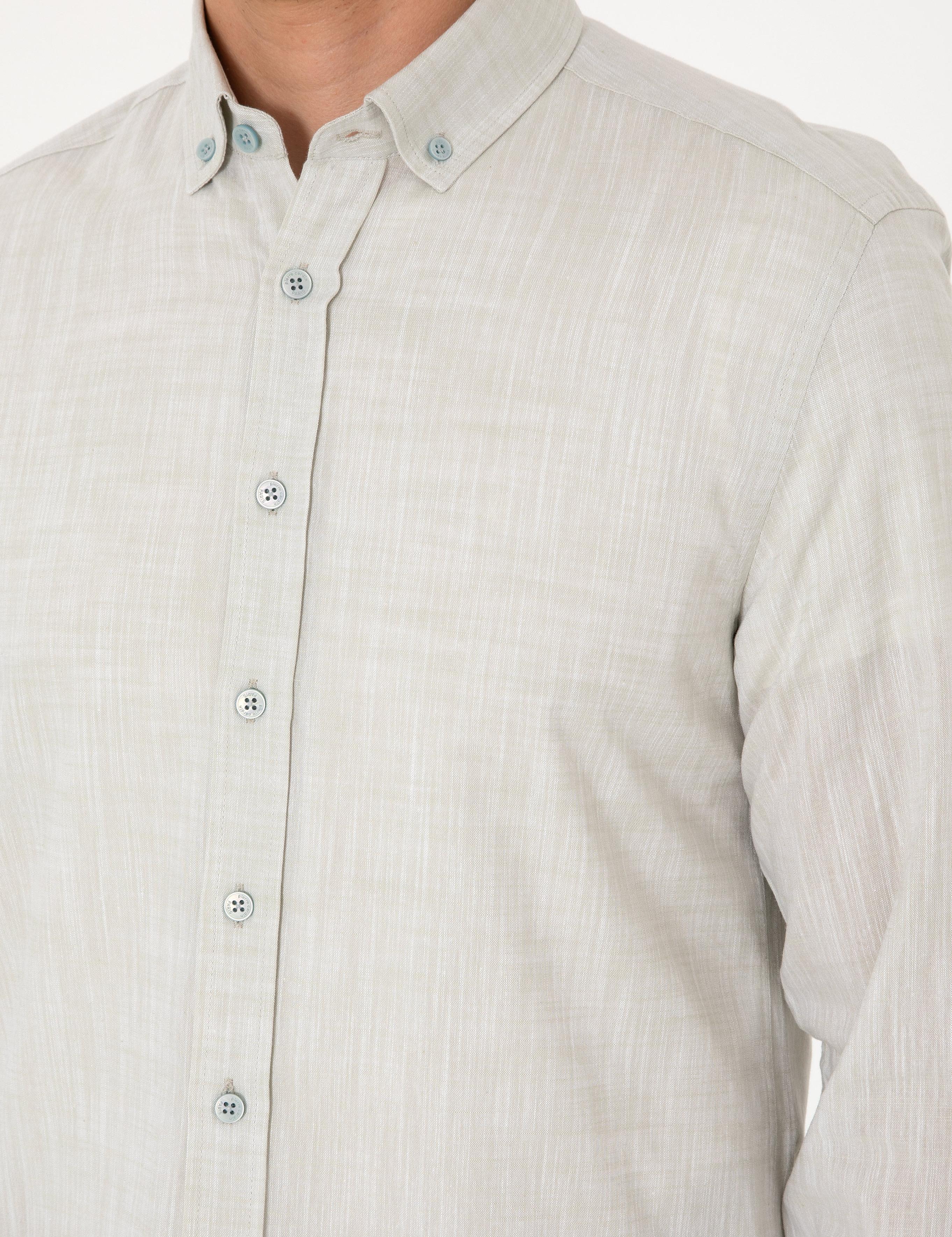 Çağla Keten Görünümlü Slim Fit Uzun Kollu Gömlek