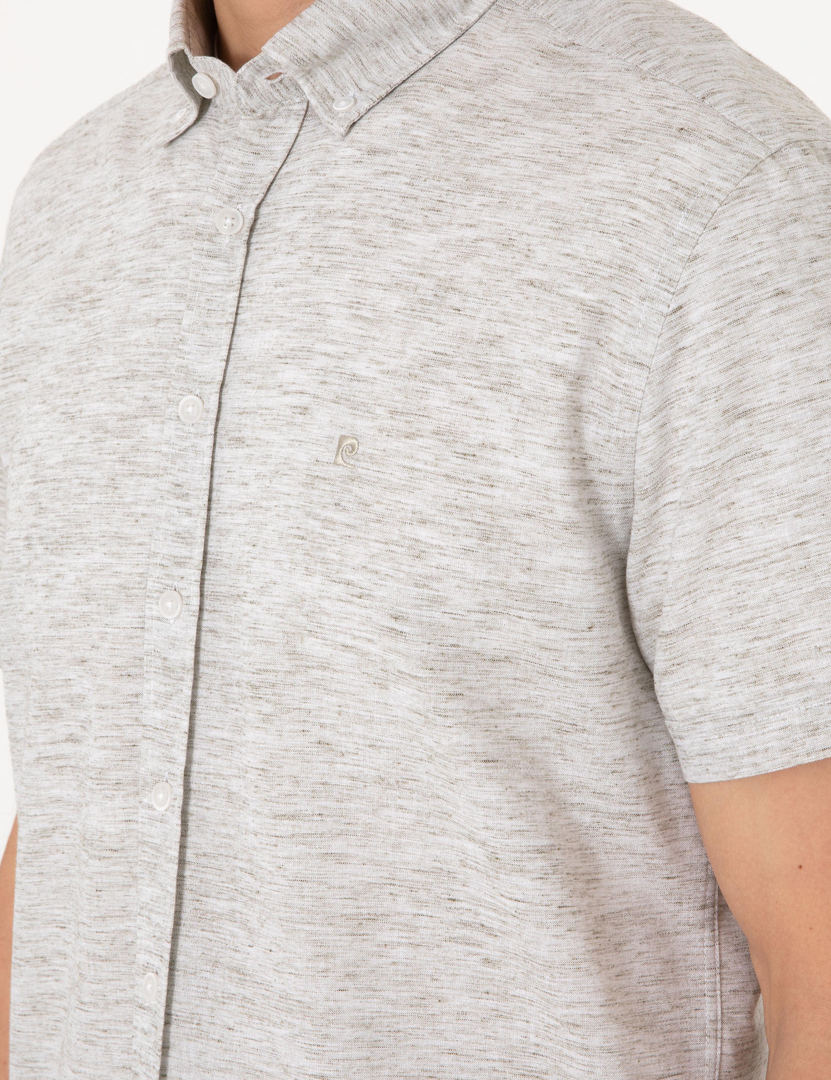 Haki Keten Karışımlı Regular Fit Kısa Kollu Gömlek