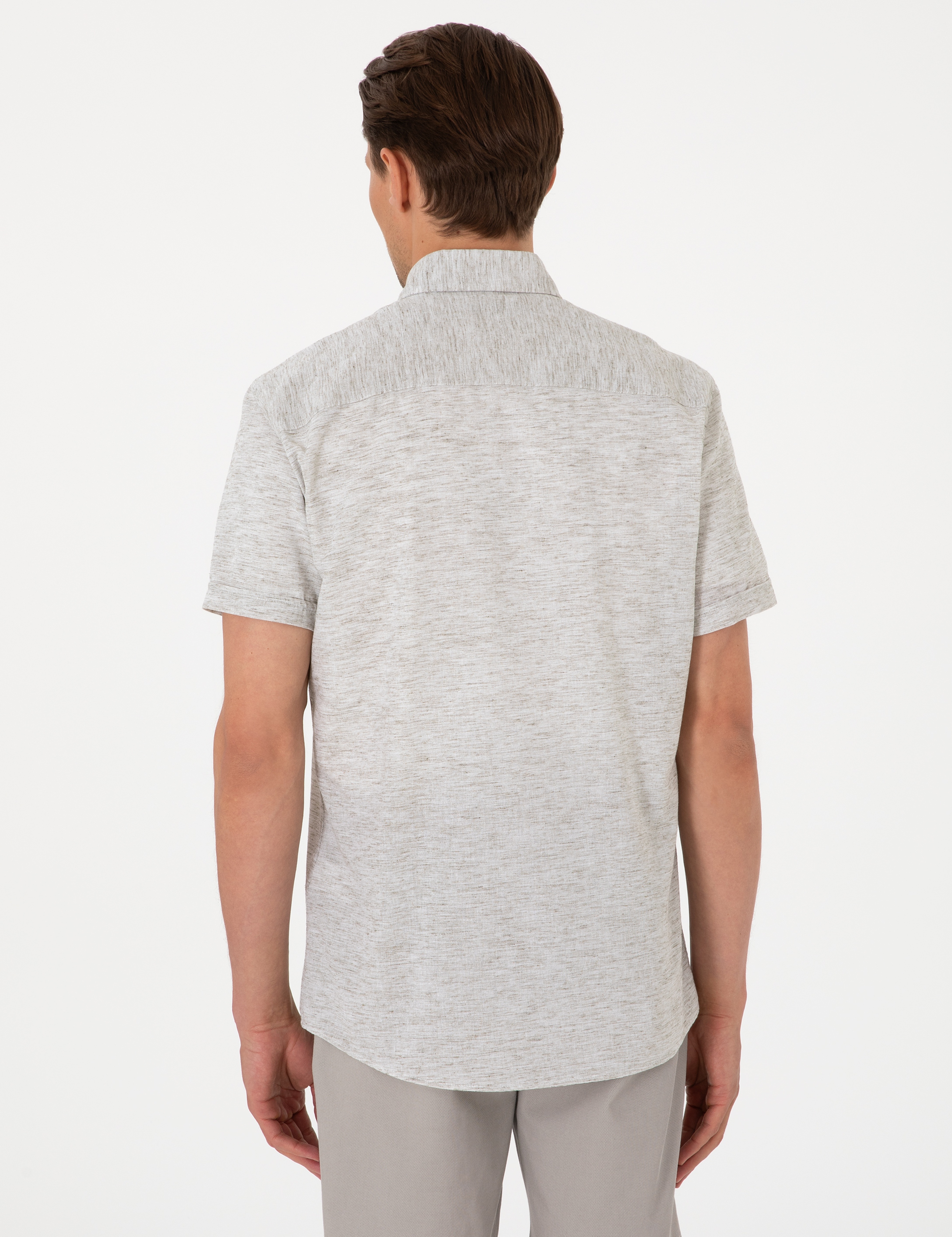 Haki Keten Karışımlı Regular Fit Kısa Kollu Gömlek - Image 5