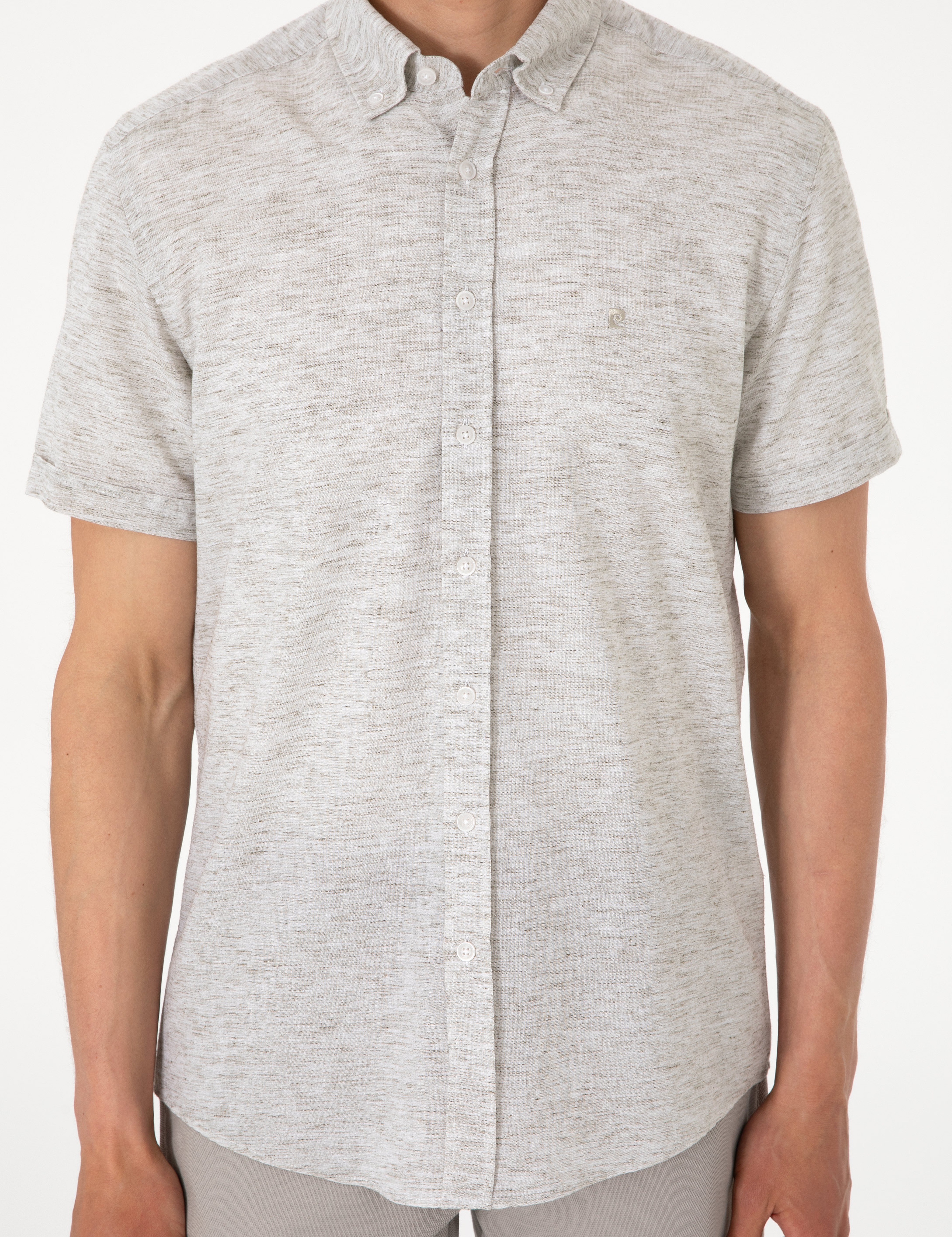 Haki Keten Karışımlı Regular Fit Kısa Kollu Gömlek - Image 6