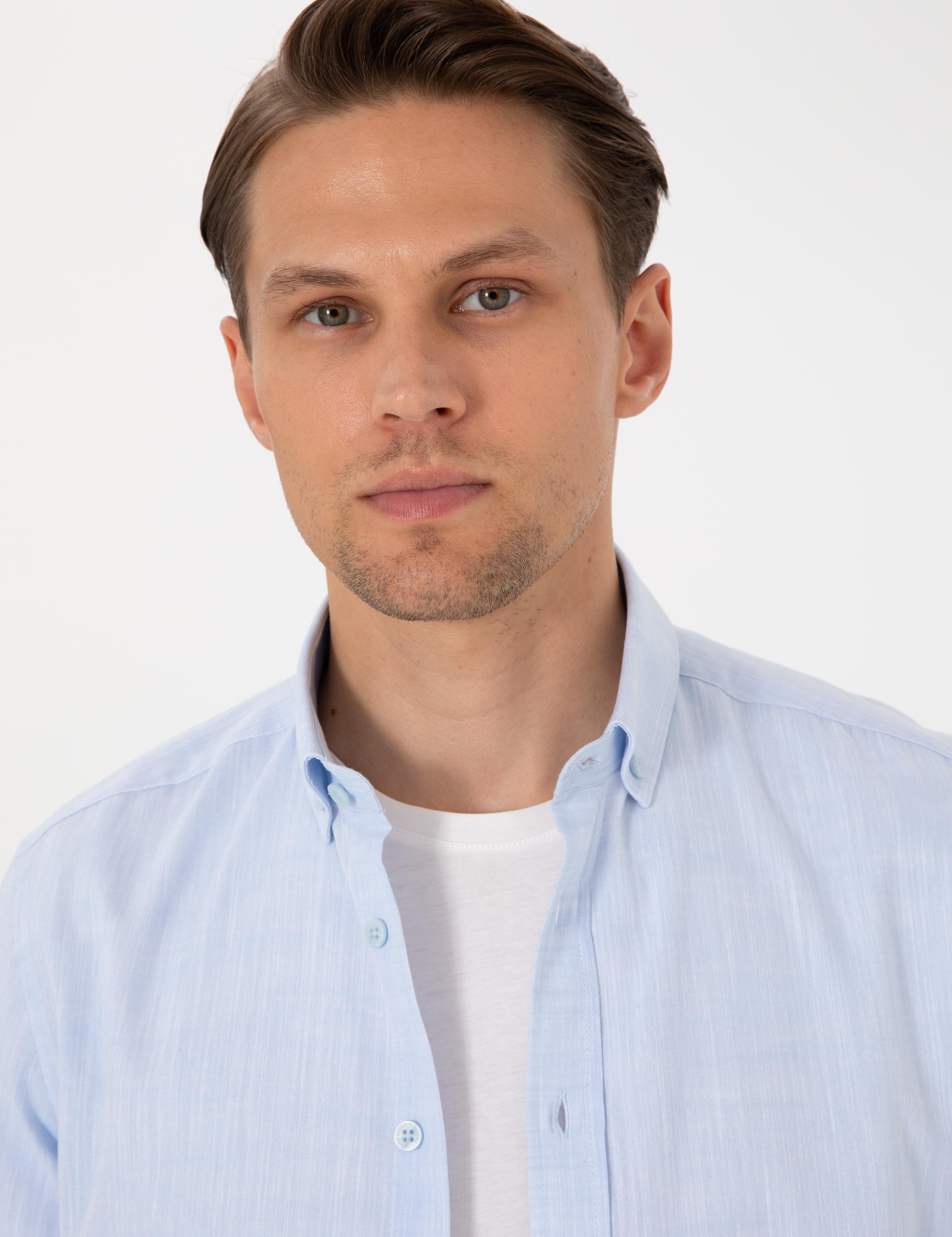 Açık Mavi Keten Görünümlü Slim Fit Uzun Kollu Gömlek