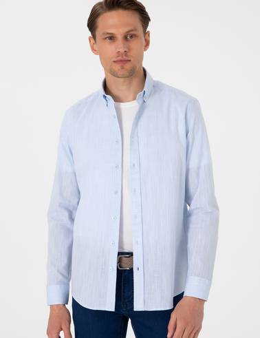 Açık Mavi Keten Görünümlü Slim Fit Uzun Kollu Gömlek