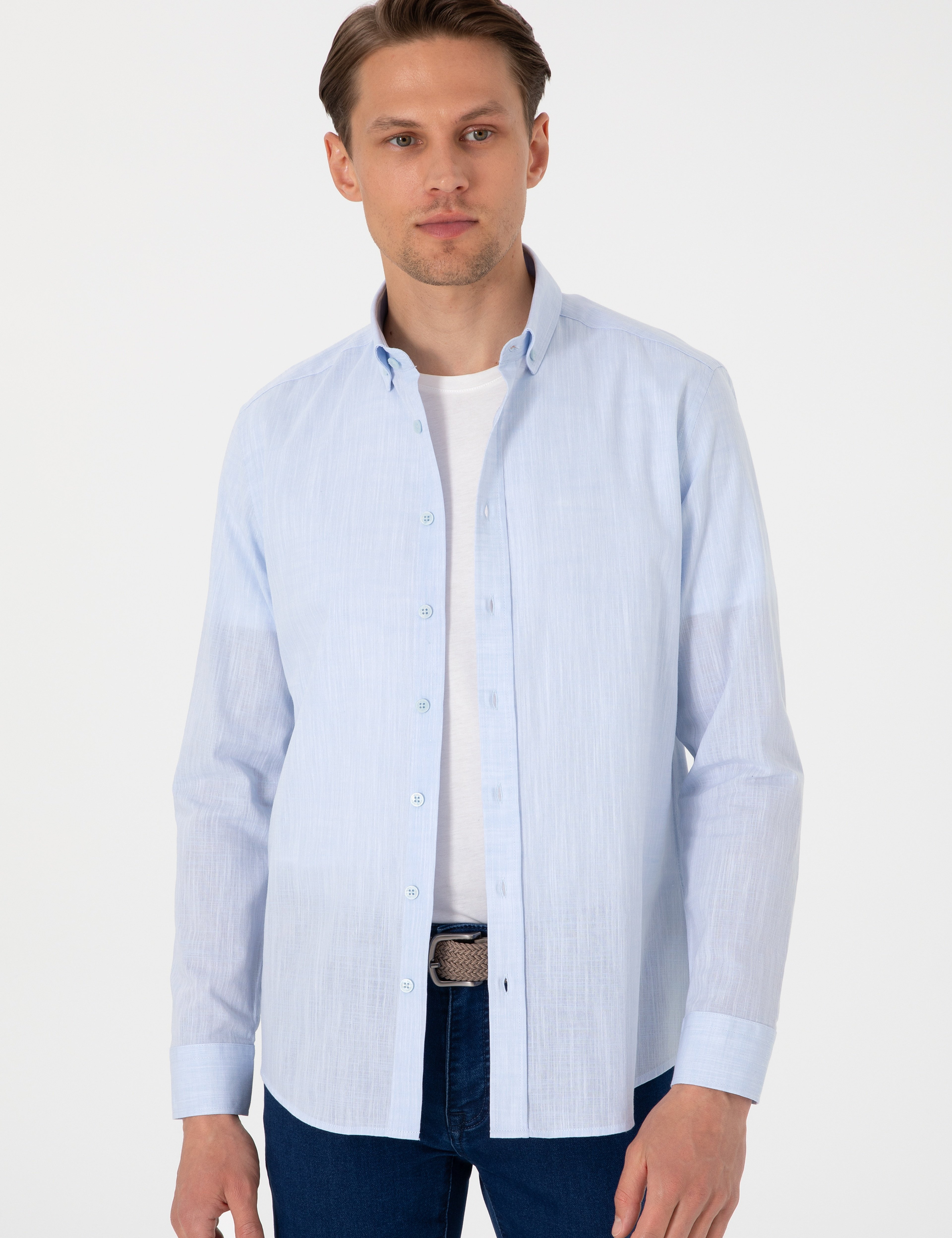 Açık Mavi Keten Görünümlü Slim Fit Uzun Kollu Gömlek - Image 3