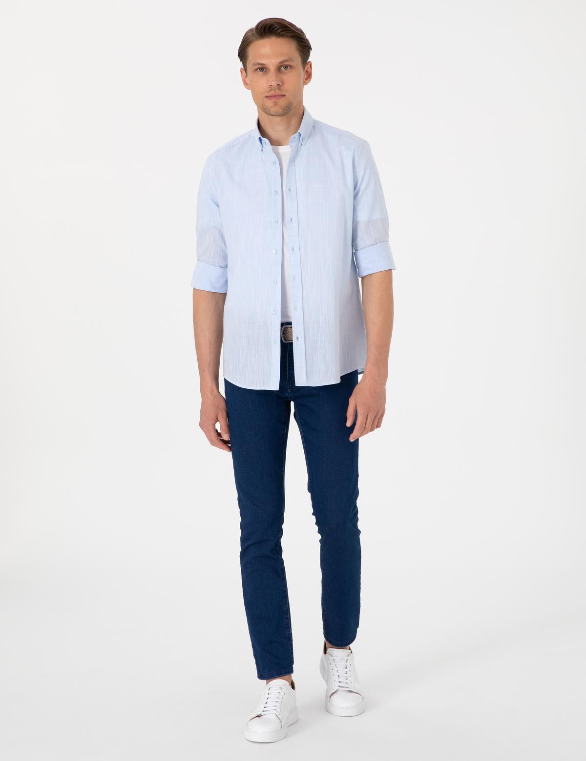 Açık Mavi Keten Görünümlü Slim Fit Uzun Kollu Gömlek - 50307025028