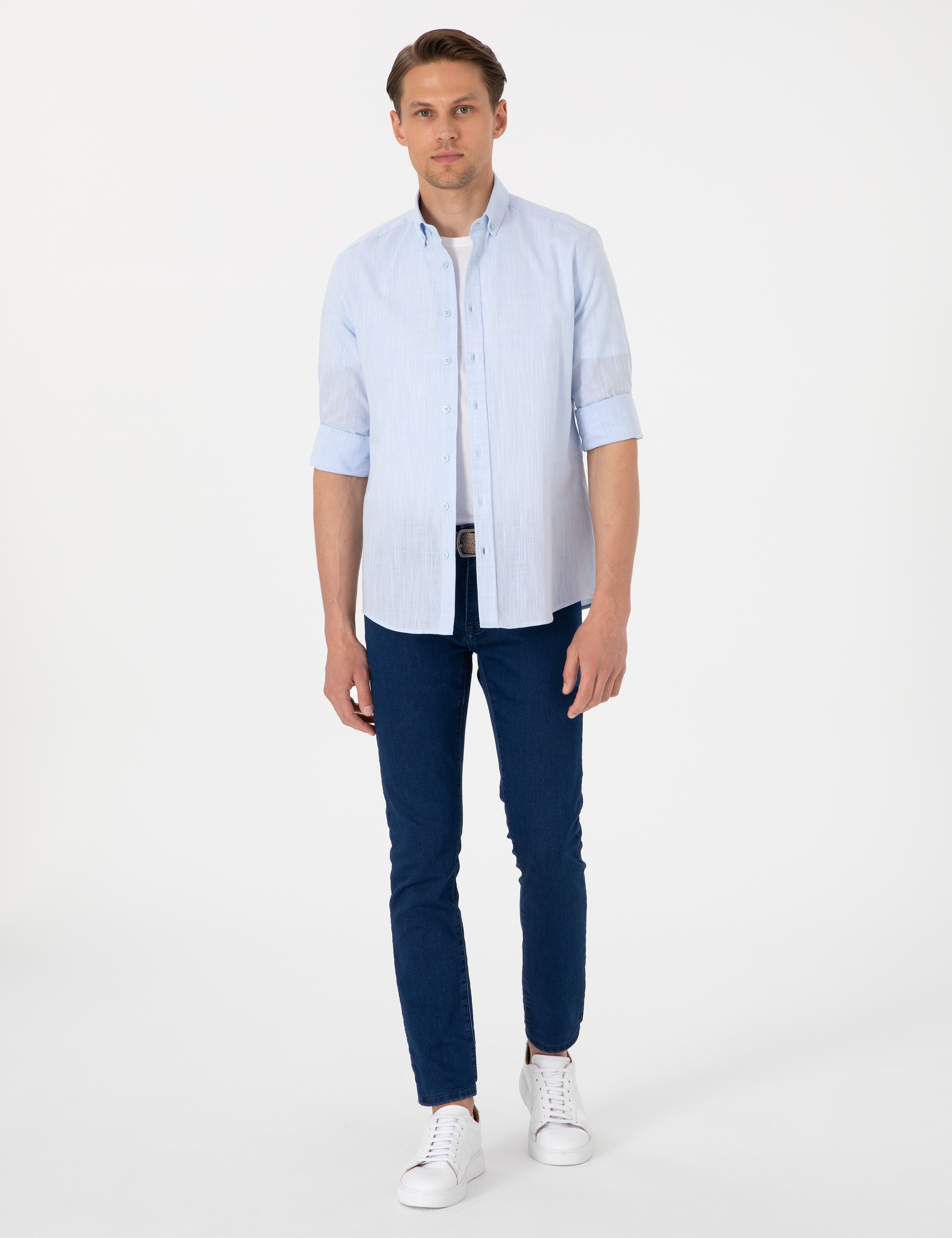 Açık Mavi Keten Görünümlü Slim Fit Uzun Kollu Gömlek - Image 4