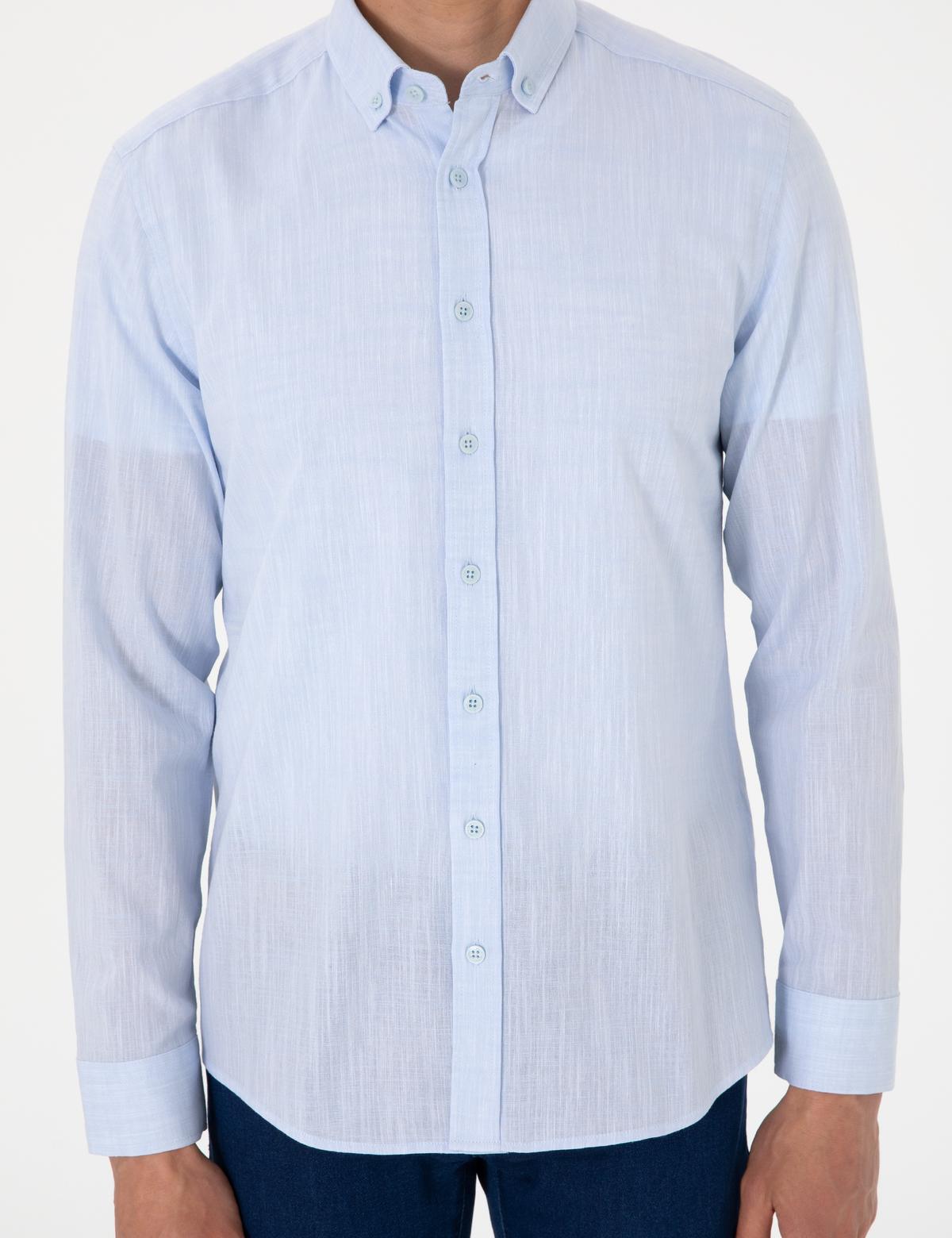 Açık Mavi Keten Görünümlü Slim Fit Uzun Kollu Gömlek - 50307025028