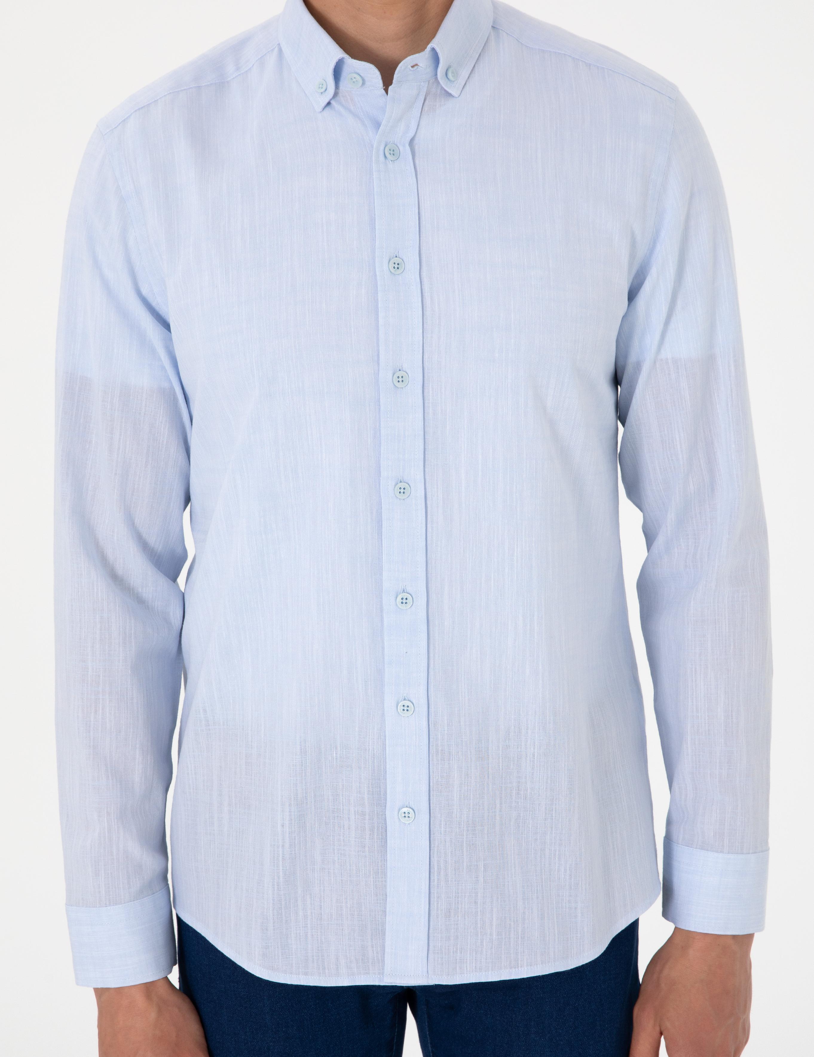 Açık Mavi Keten Görünümlü Slim Fit Uzun Kollu Gömlek