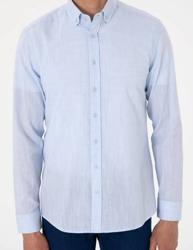 Açık Mavi Keten Görünümlü Slim Fit Uzun Kollu Gömlek