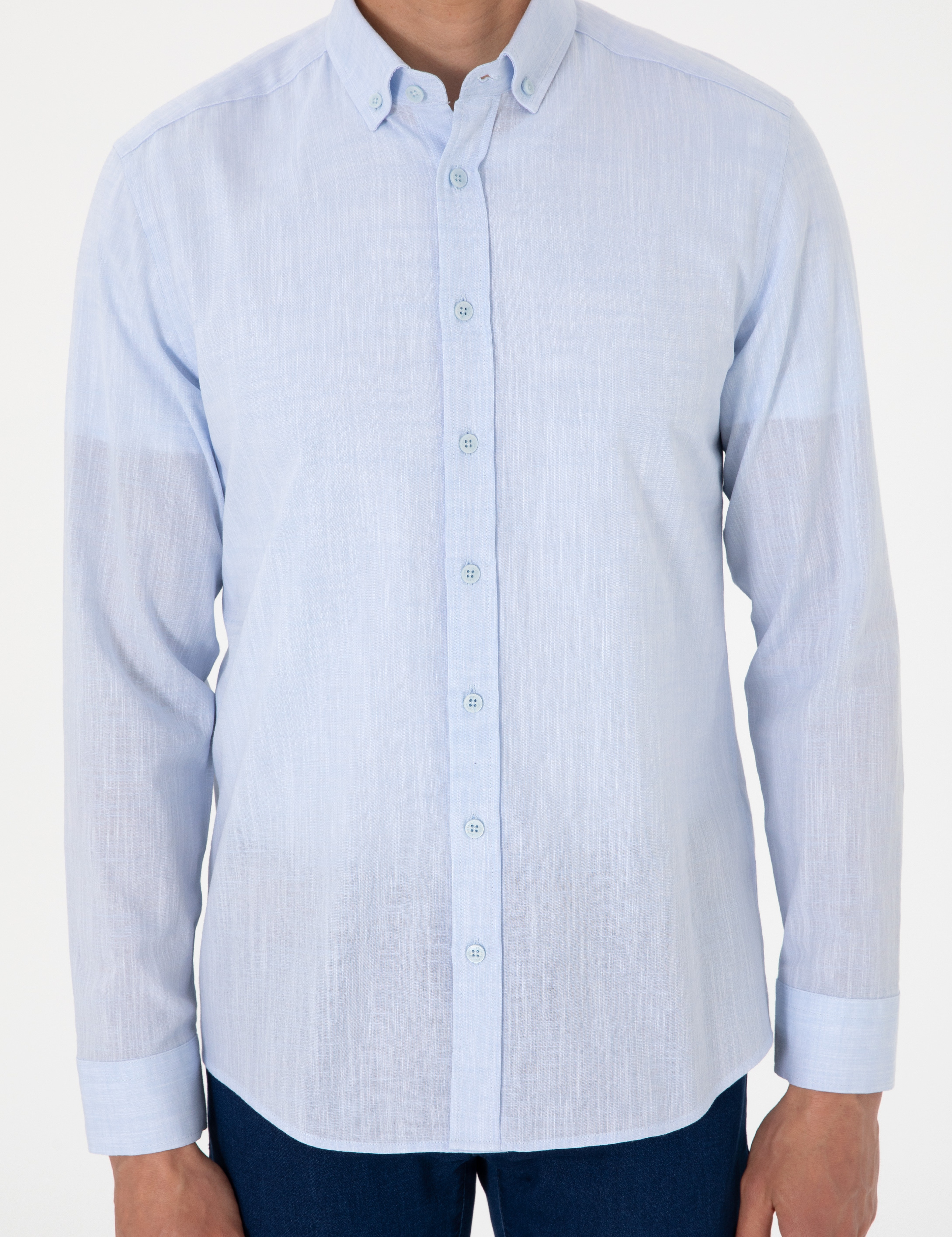 Açık Mavi Keten Görünümlü Slim Fit Uzun Kollu Gömlek - Image 6