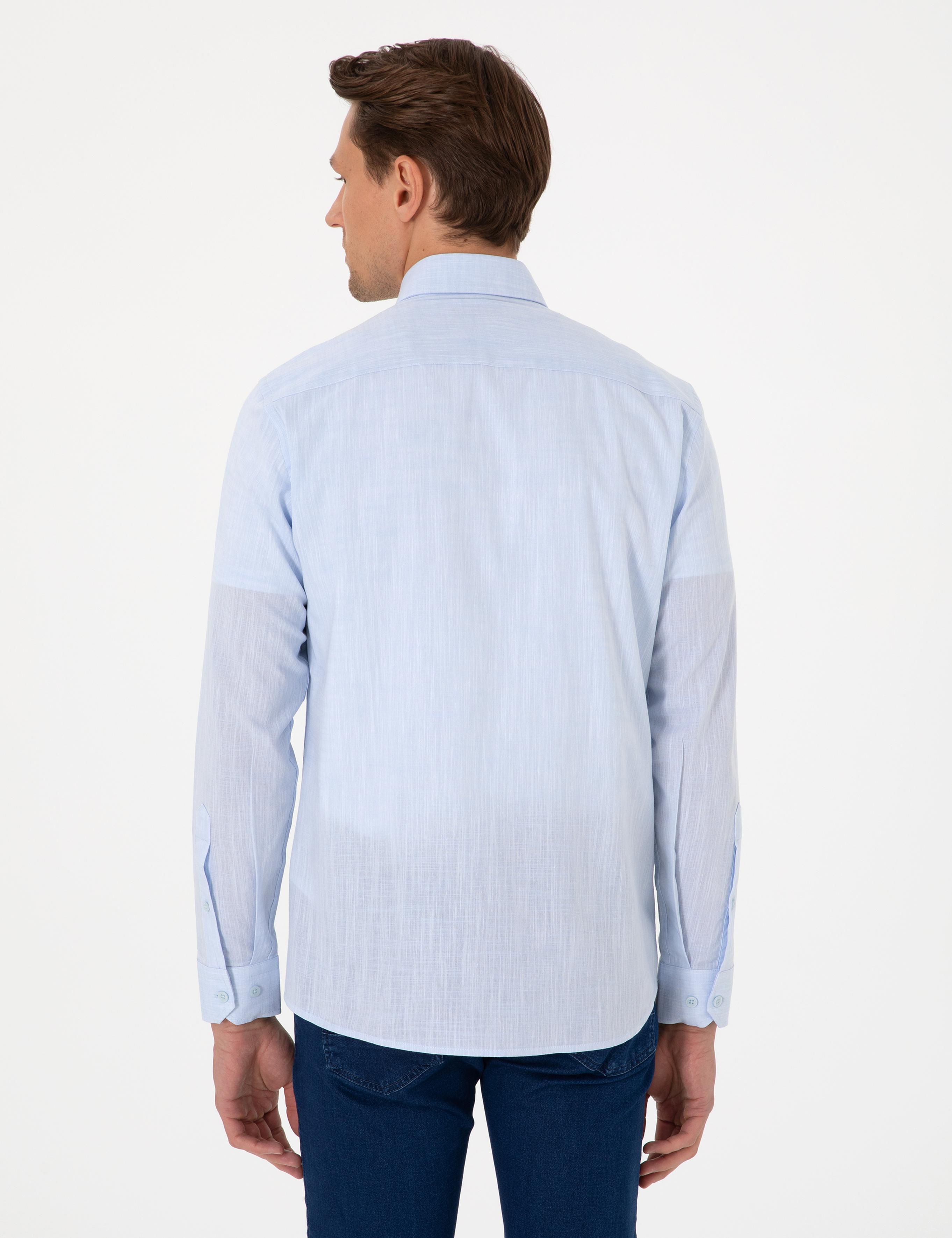 Açık Mavi Keten Görünümlü Slim Fit Uzun Kollu Gömlek