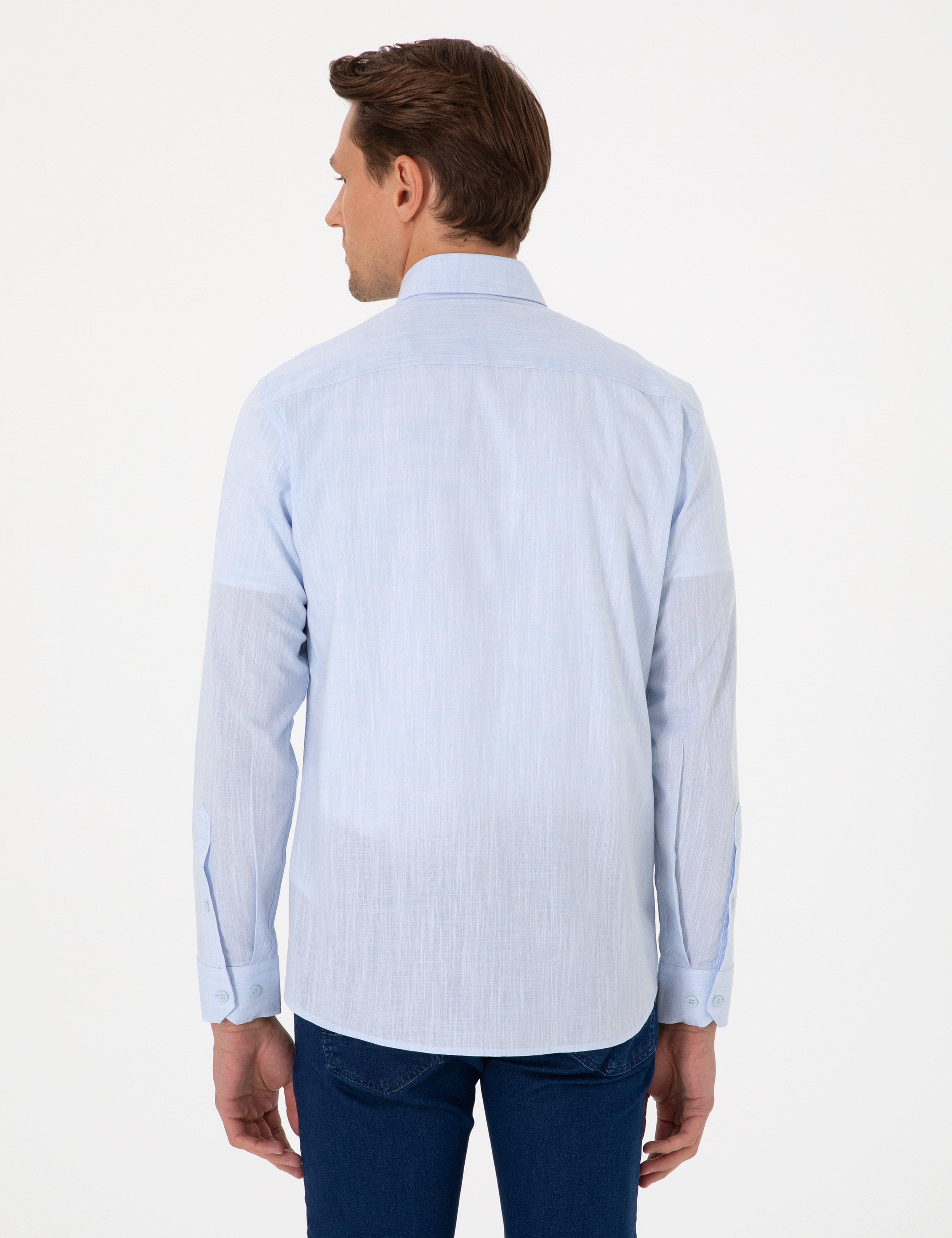 Açık Mavi Keten Görünümlü Slim Fit Uzun Kollu Gömlek - Image 5