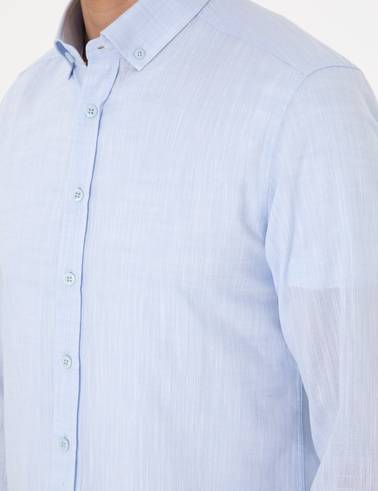 Açık Mavi Keten Görünümlü Slim Fit Uzun Kollu Gömlek