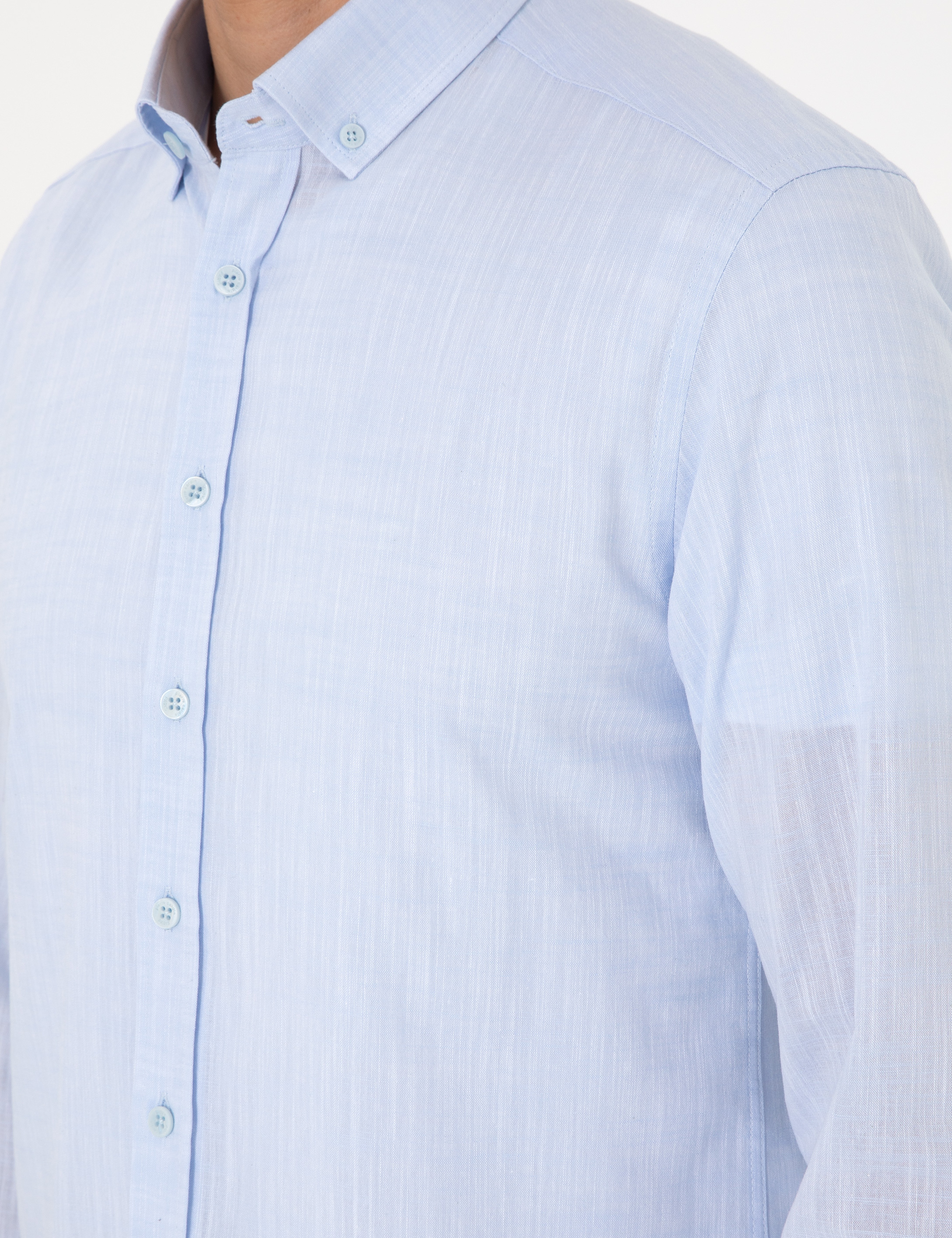 Açık Mavi Keten Görünümlü Slim Fit Uzun Kollu Gömlek - Image 7