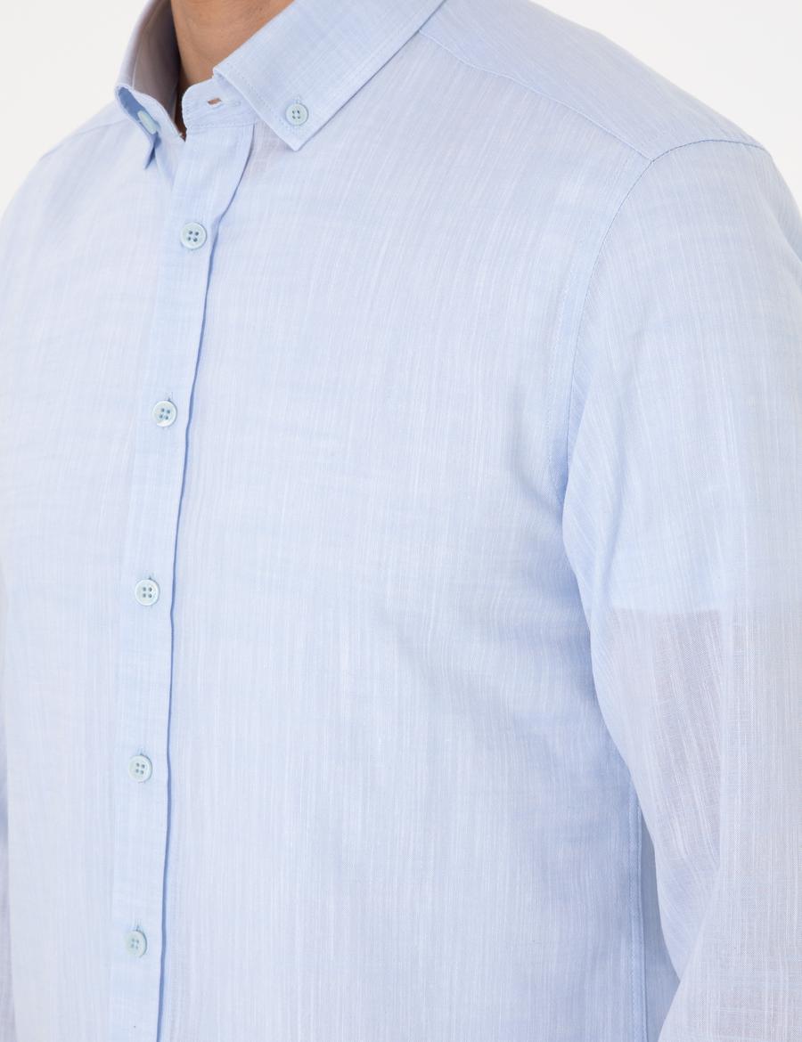 Açık Mavi Keten Görünümlü Slim Fit Uzun Kollu Gömlek