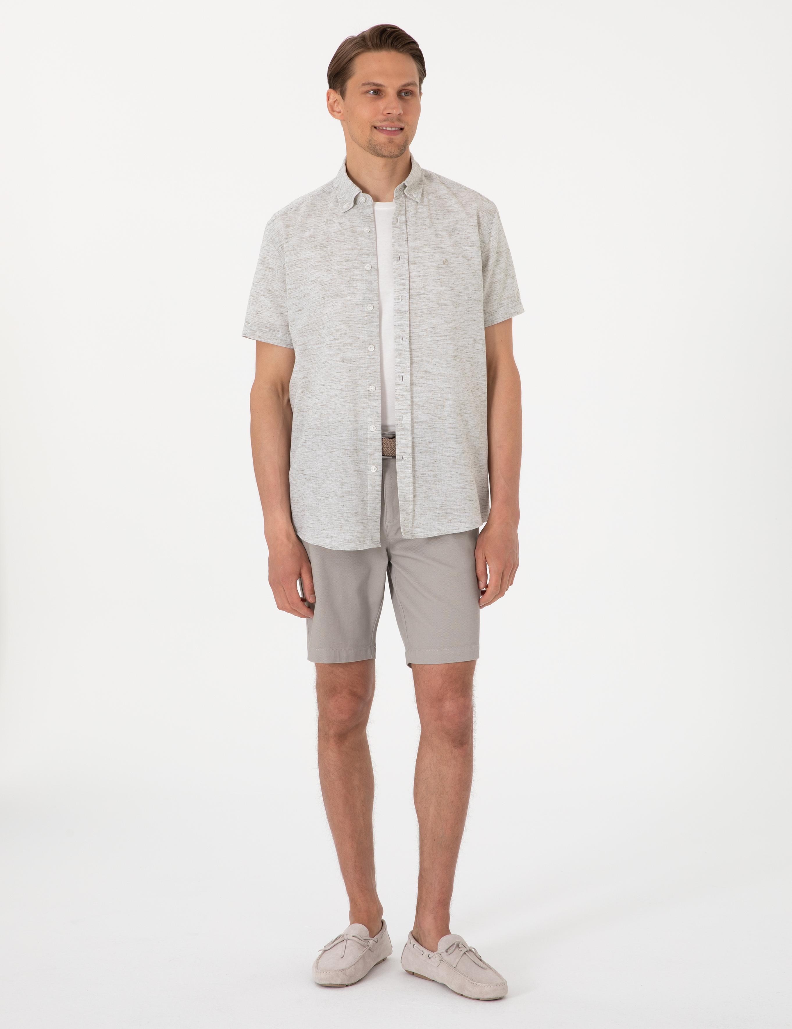 Haki Keten Karışımlı Regular Fit Kısa Kollu Gömlek