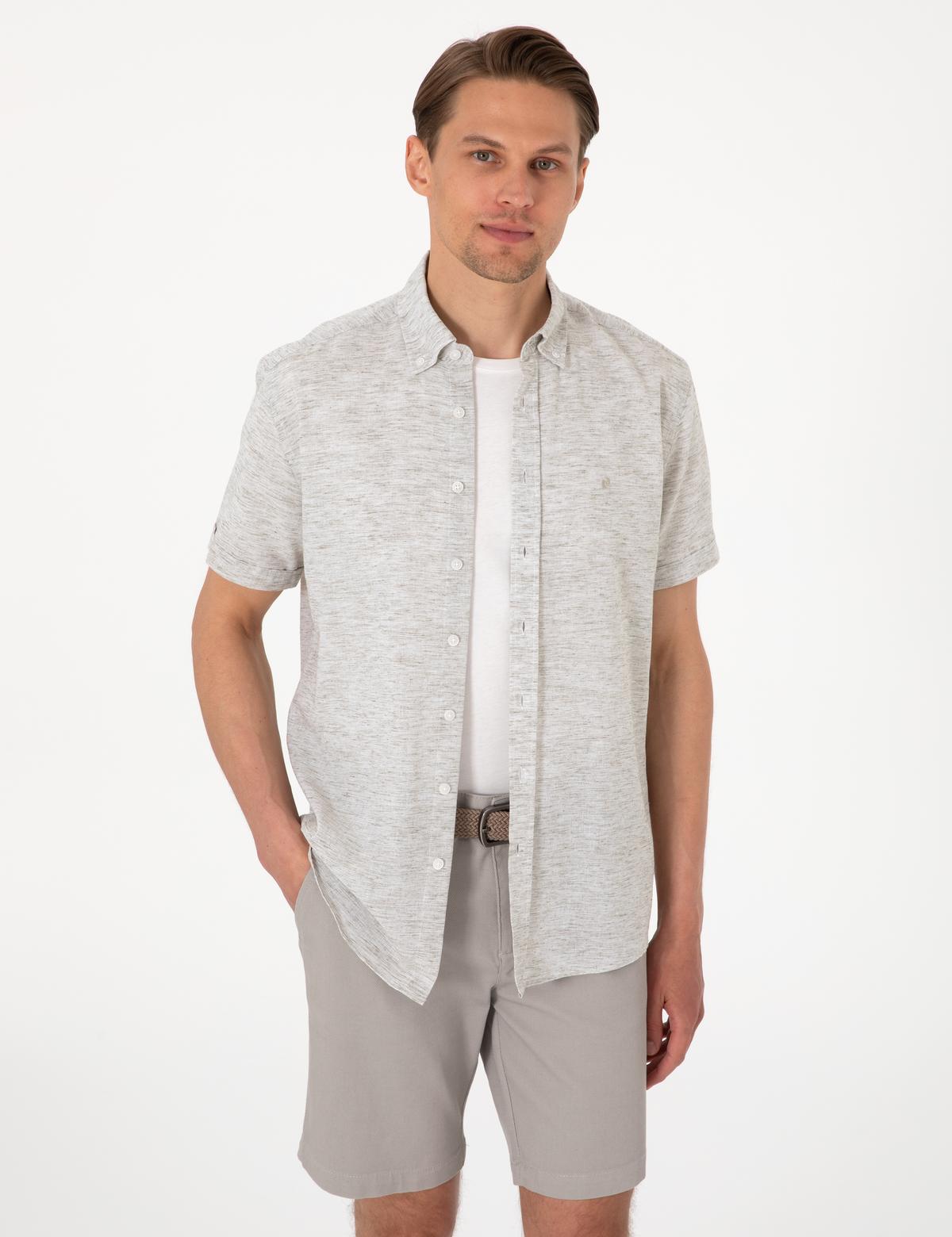 Haki Keten Karışımlı Regular Fit Kısa Kollu Gömlek