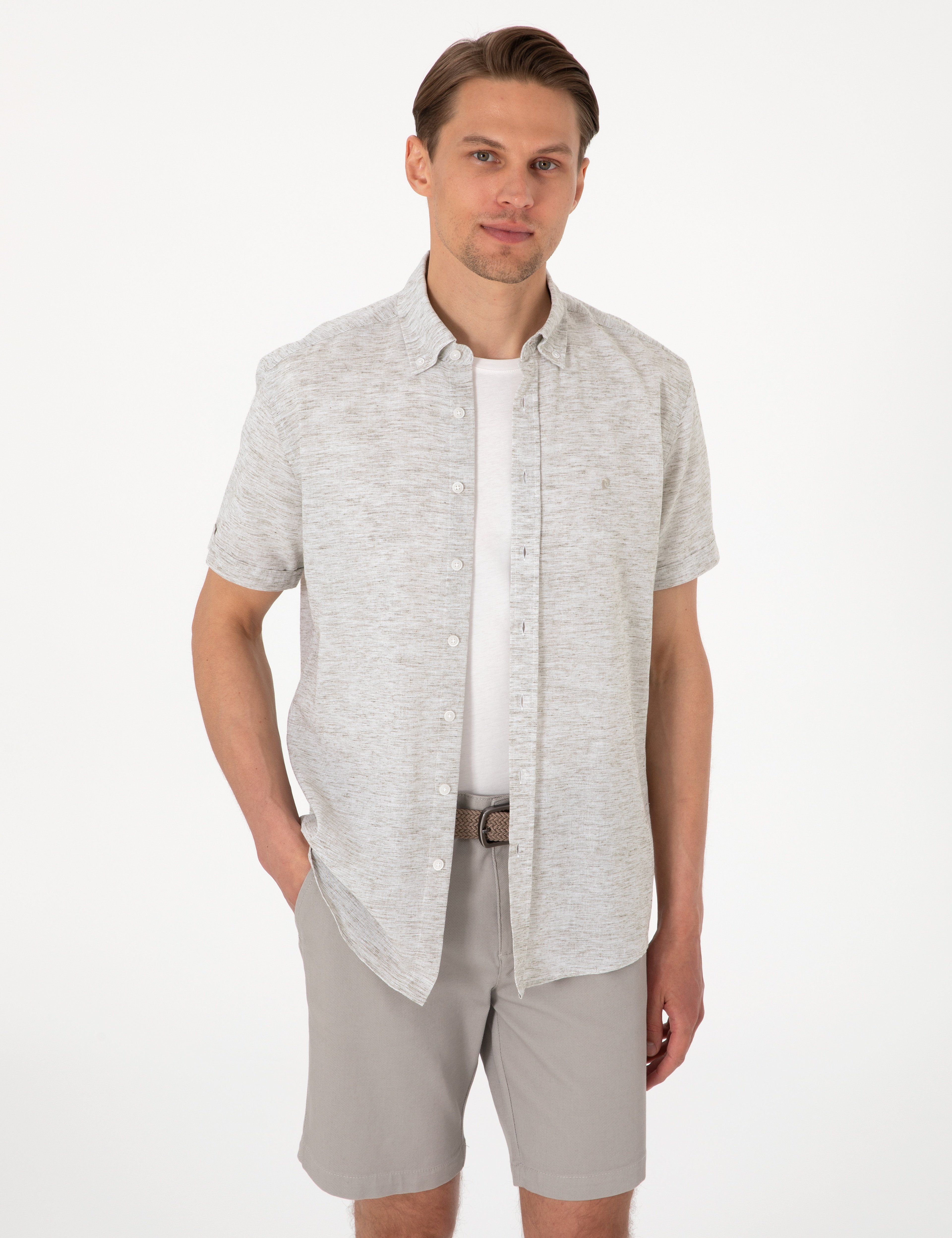 Haki Keten Karışımlı Regular Fit Kısa Kollu Gömlek - Image 1
