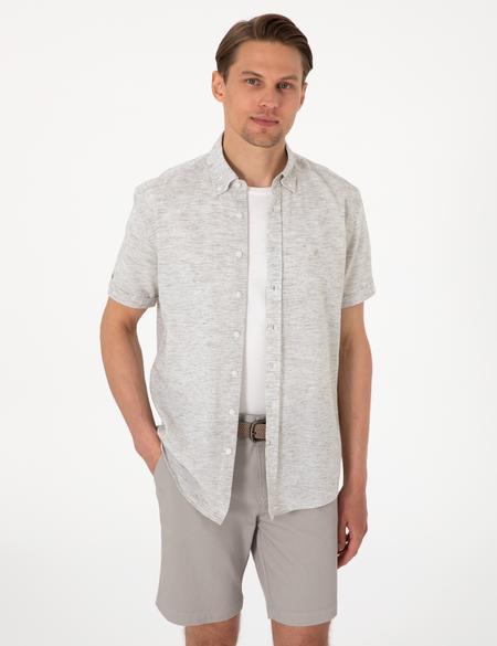 Haki Keten Karışımlı Regular Fit Kısa Kollu Gömlek - 50307067015