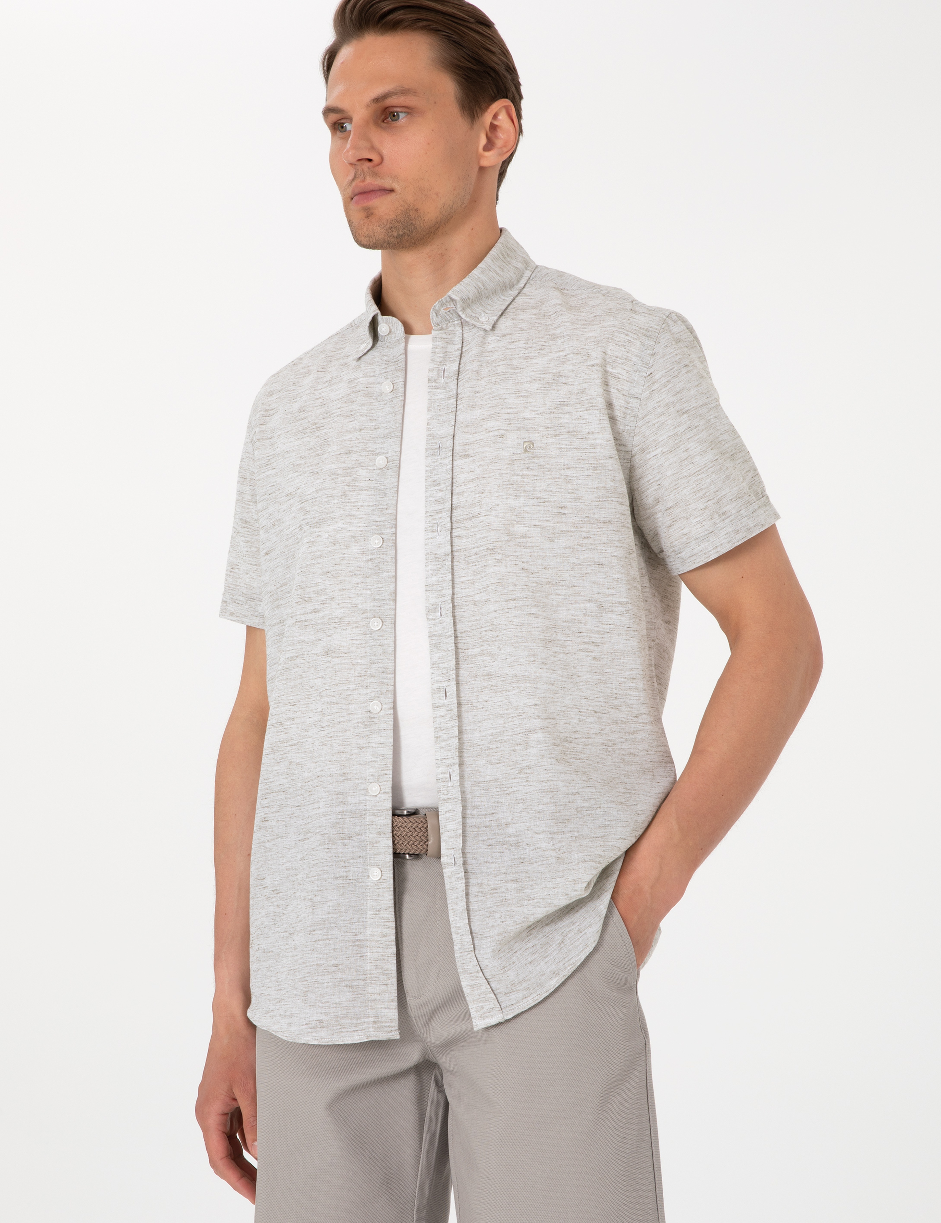 Haki Keten Karışımlı Regular Fit Kısa Kollu Gömlek - Image 3
