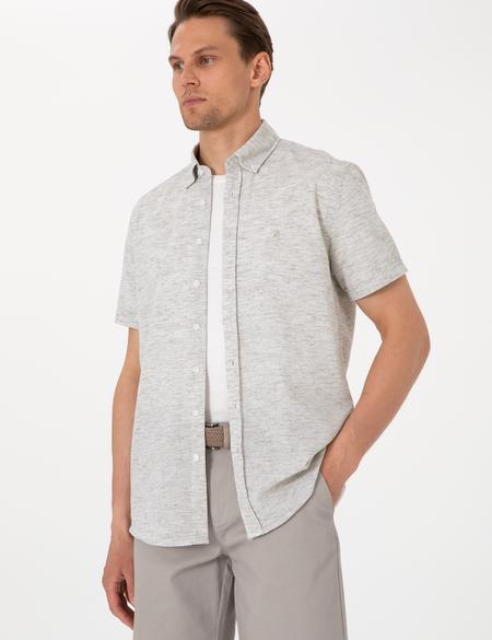 Haki Keten Karışımlı Regular Fit Kısa Kollu Gömlek - 50307067015