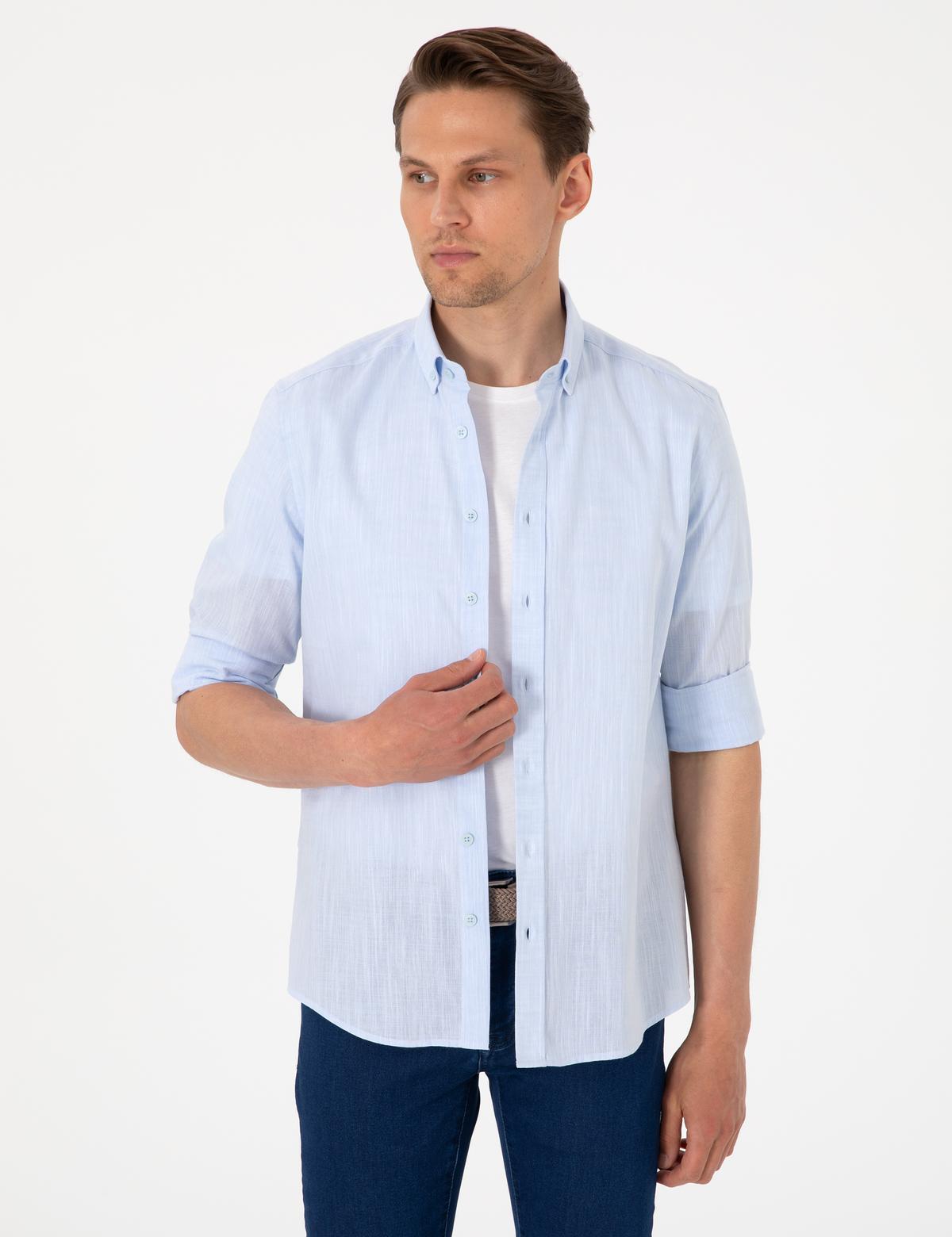 Açık Mavi Keten Görünümlü Slim Fit Uzun Kollu Gömlek