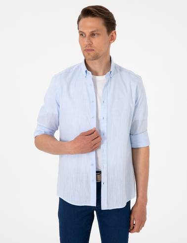 Açık Mavi Keten Görünümlü Slim Fit Uzun Kollu Gömlek