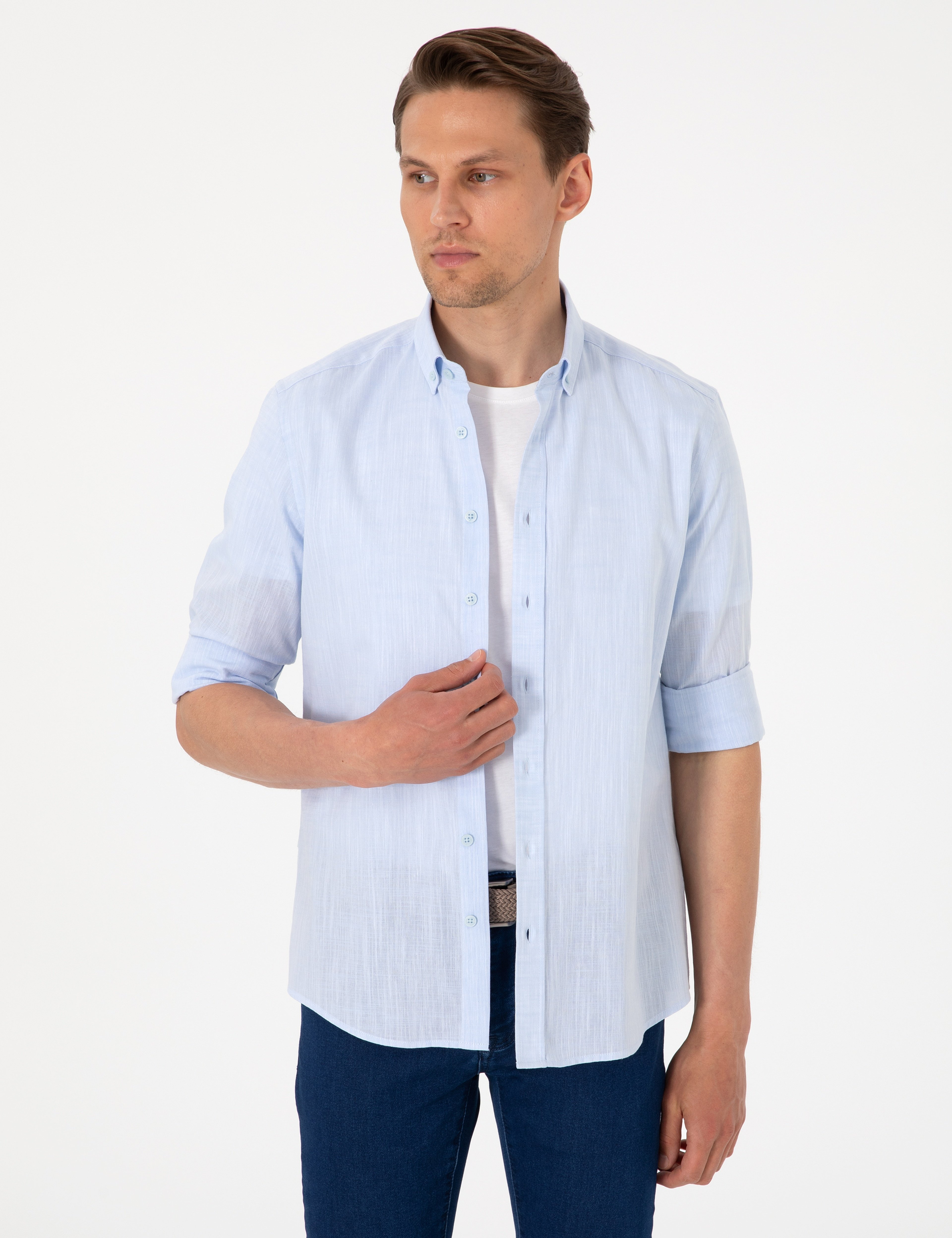 Açık Mavi Keten Görünümlü Slim Fit Uzun Kollu Gömlek - Image 1