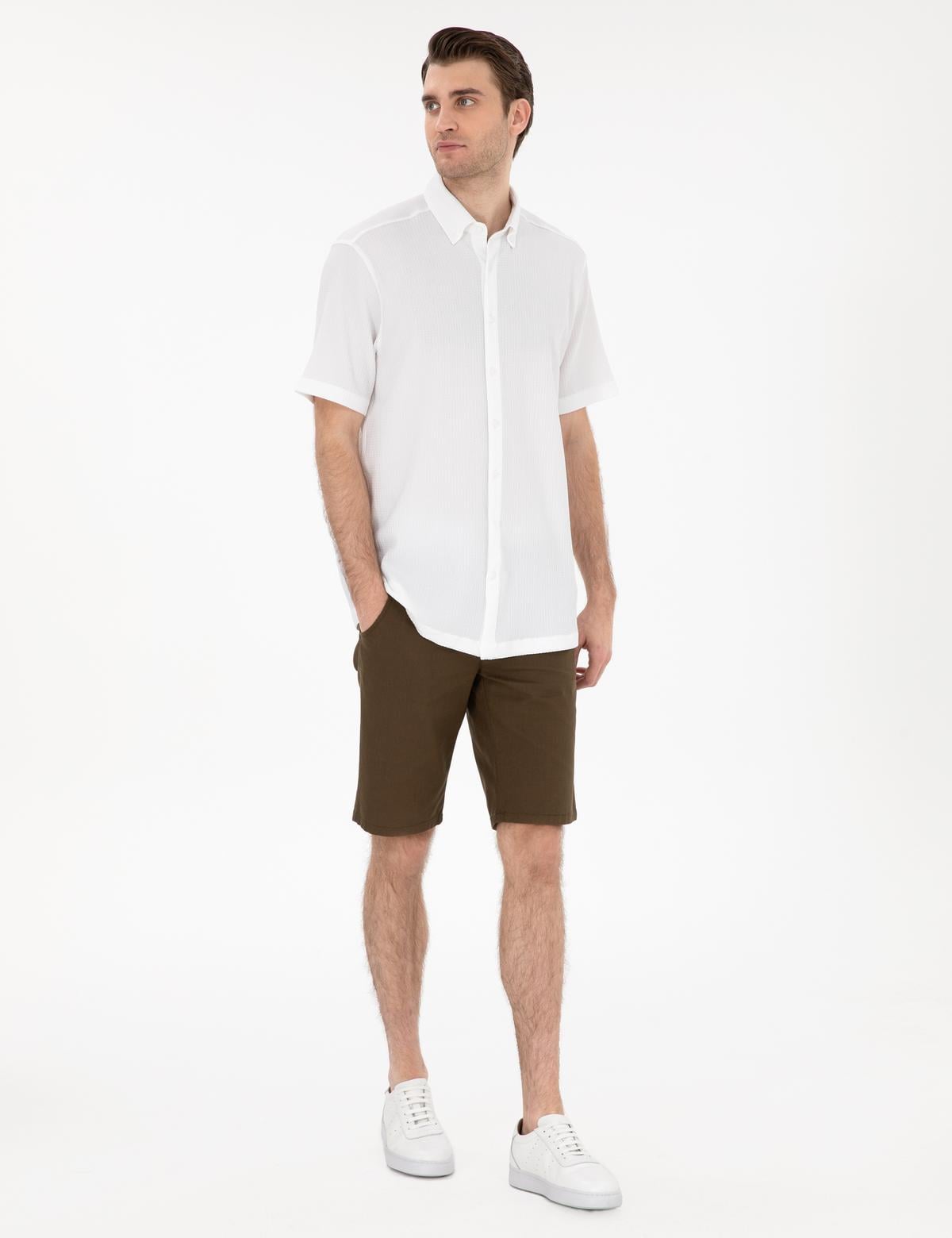 Beyaz Dokulu Rahat Kalıp Kısakollu Gömlek - 50307091014