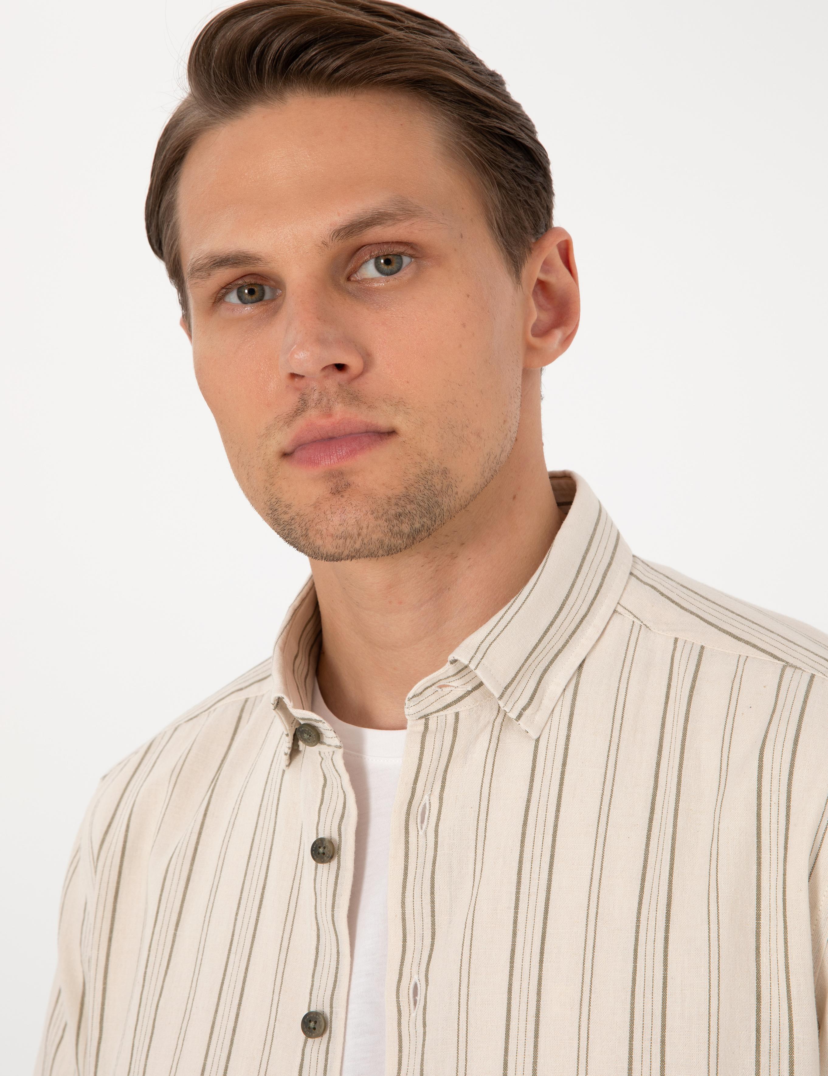 Bej Keten Karışımlı Çizgili Regular Fit Kısa Kollu Gömlek