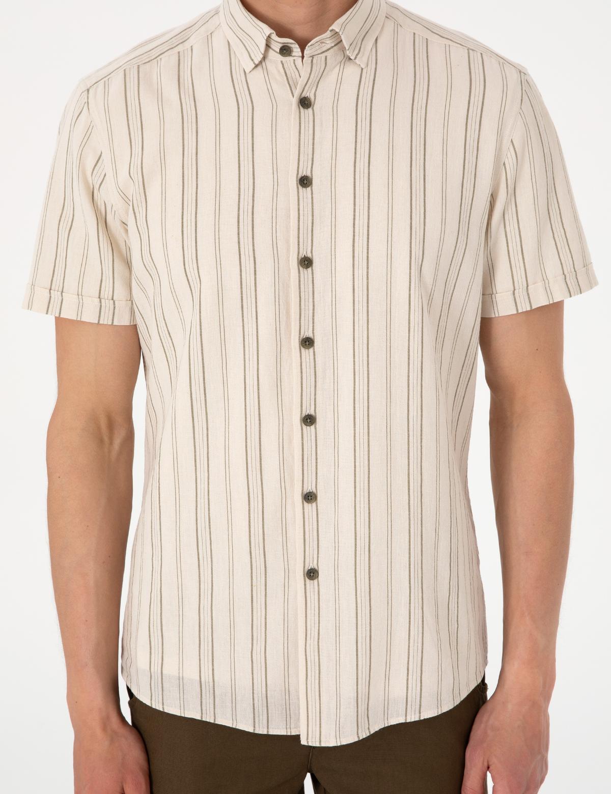 Bej Keten Karışımlı Çizgili Regular Fit Kısa Kollu Gömlek - 50307092005