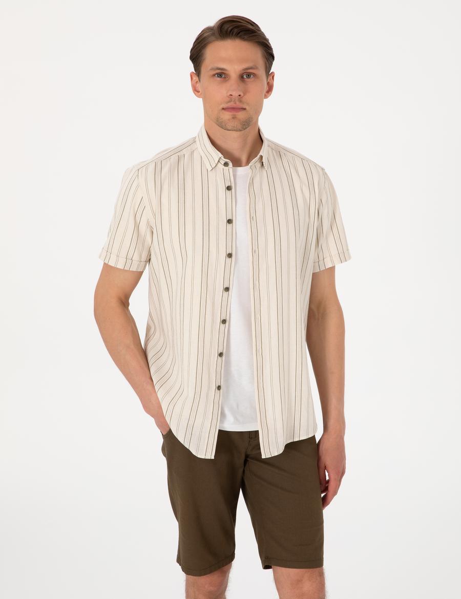 Bej Keten Karışımlı Çizgili Regular Fit Kısa Kollu Gömlek