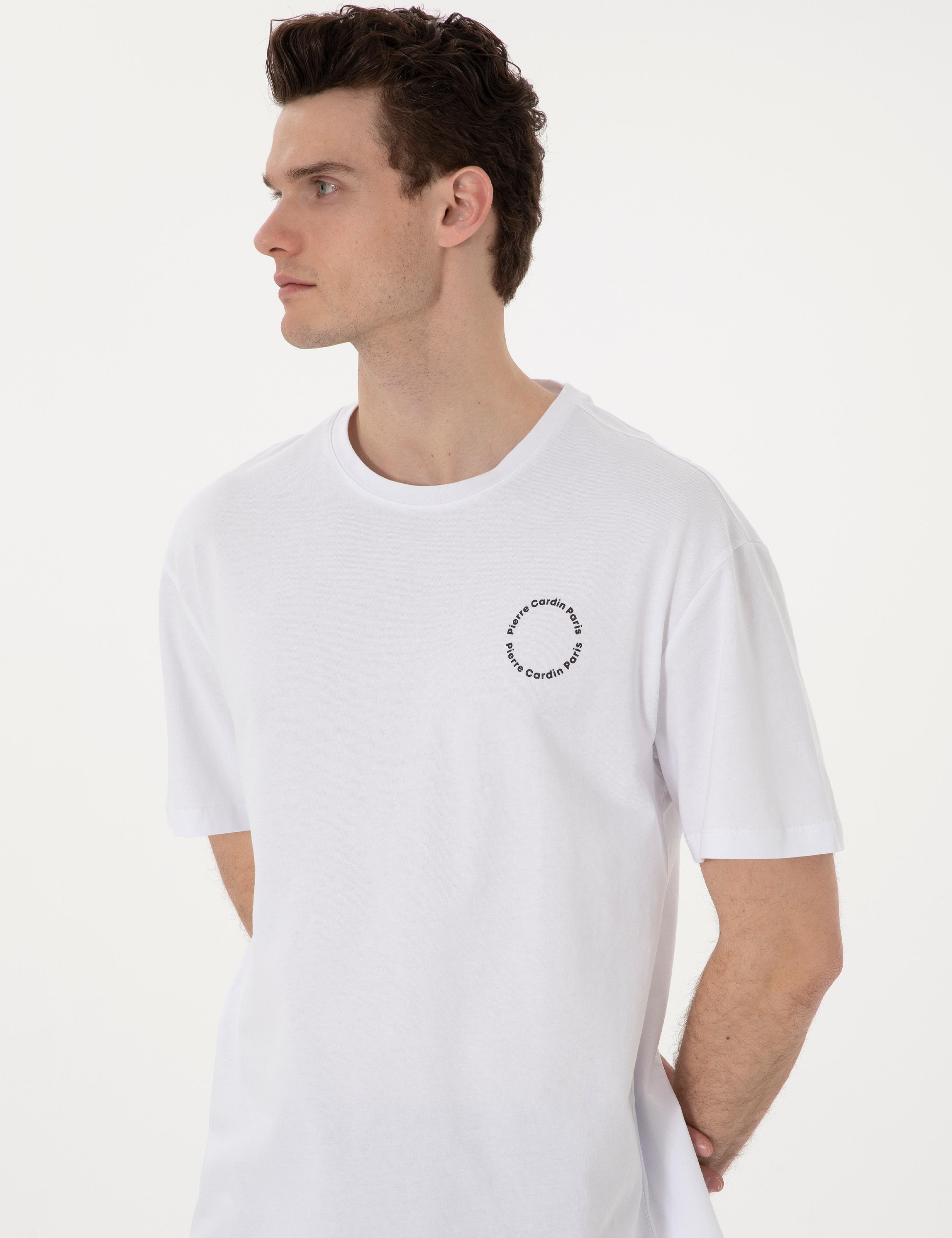 Beyaz Comfort Fit Bisiklet Yaka Tişört