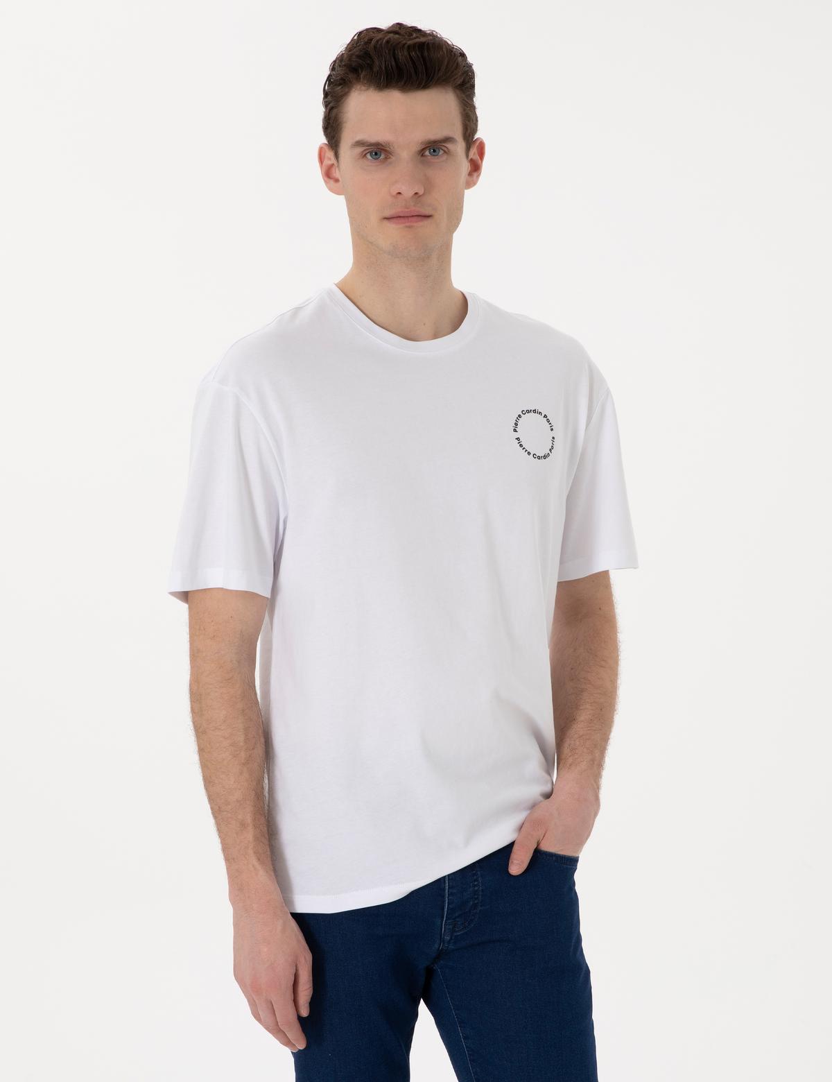 Beyaz Comfort Fit Bisiklet Yaka Tişört