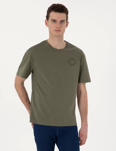 Haki Comfort Fit Bisiklet Yaka Tişört