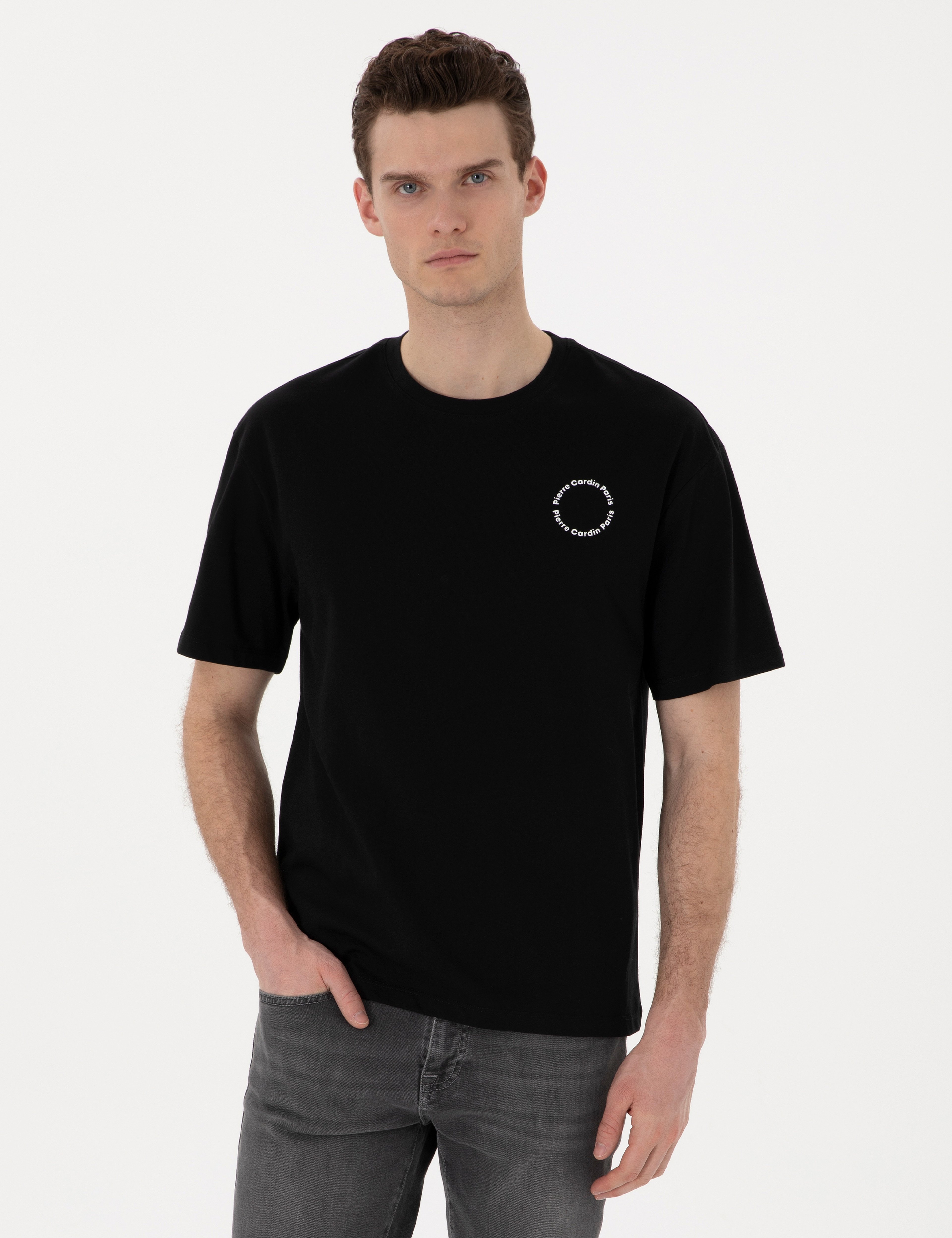 Siyah Comfort Fit Bisiklet Yaka Tişört - Image 1