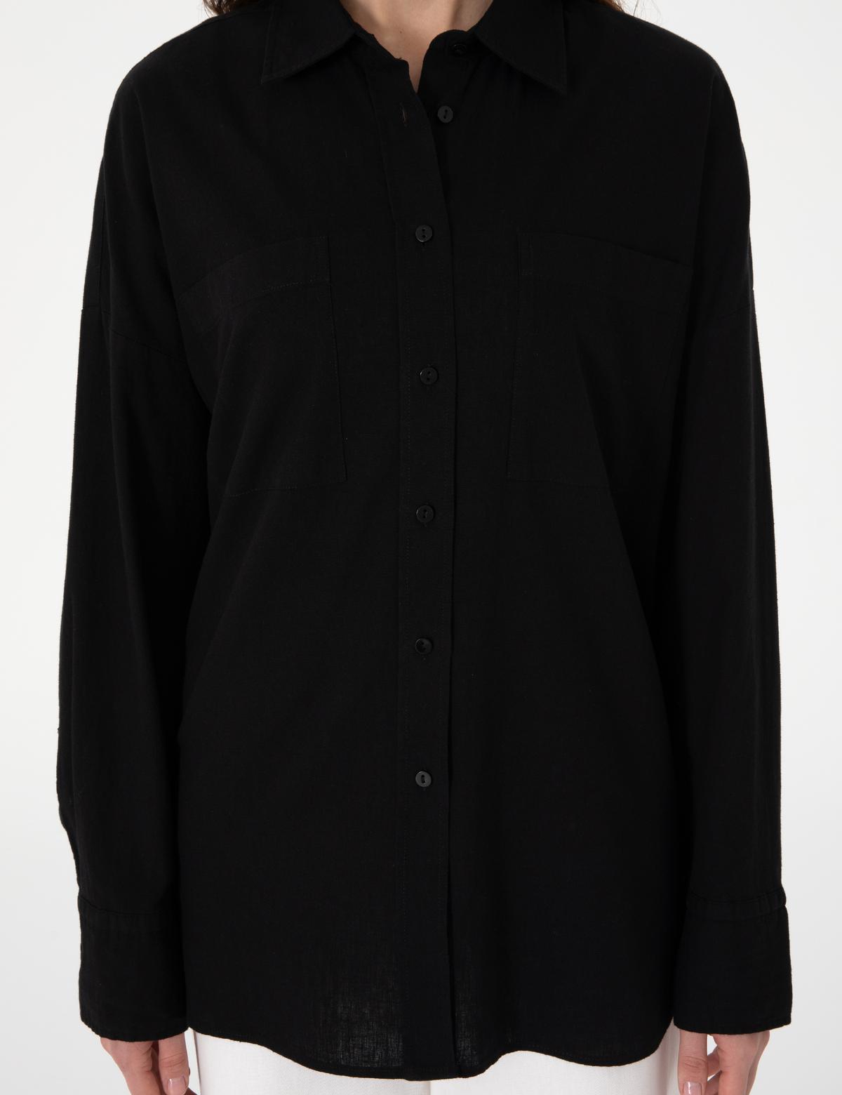 Siyah Oversize Keten Karışımlı Uzun Kollu Gömlek - 50313128021