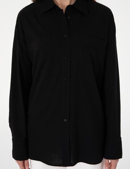 Siyah Oversize Keten Karışımlı Uzun Kollu Gömlek - 50313128021