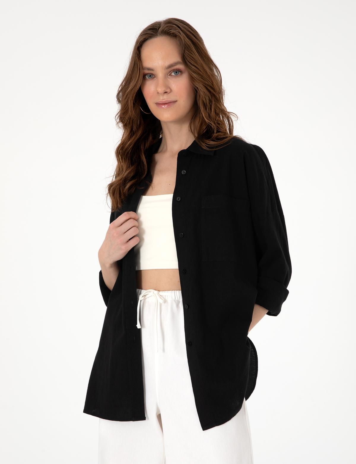 Siyah Oversize Keten Karışımlı Uzun Kollu Gömlek - 50313128021