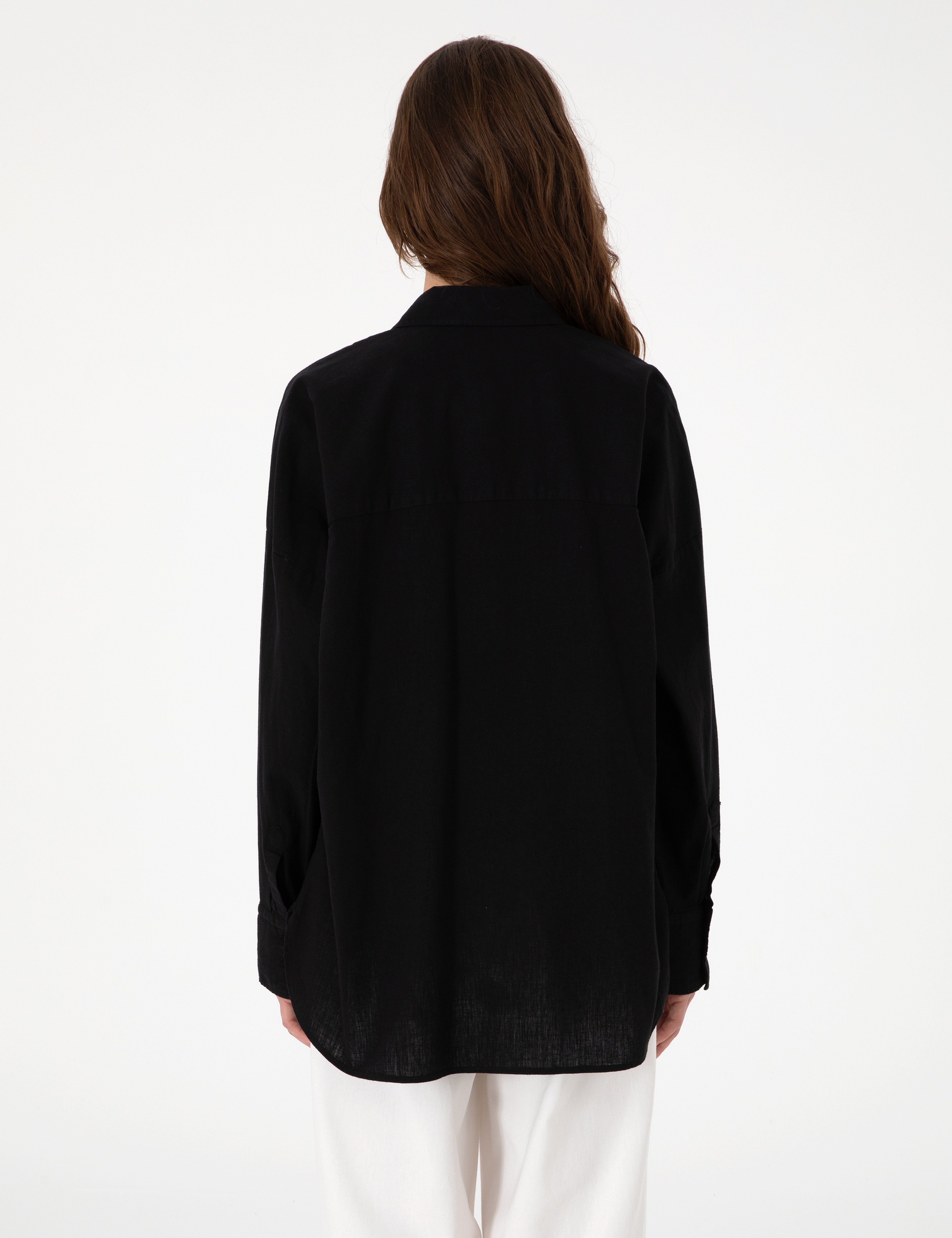 Siyah Oversize Keten Karışımlı Uzun Kollu Gömlek - Image 6