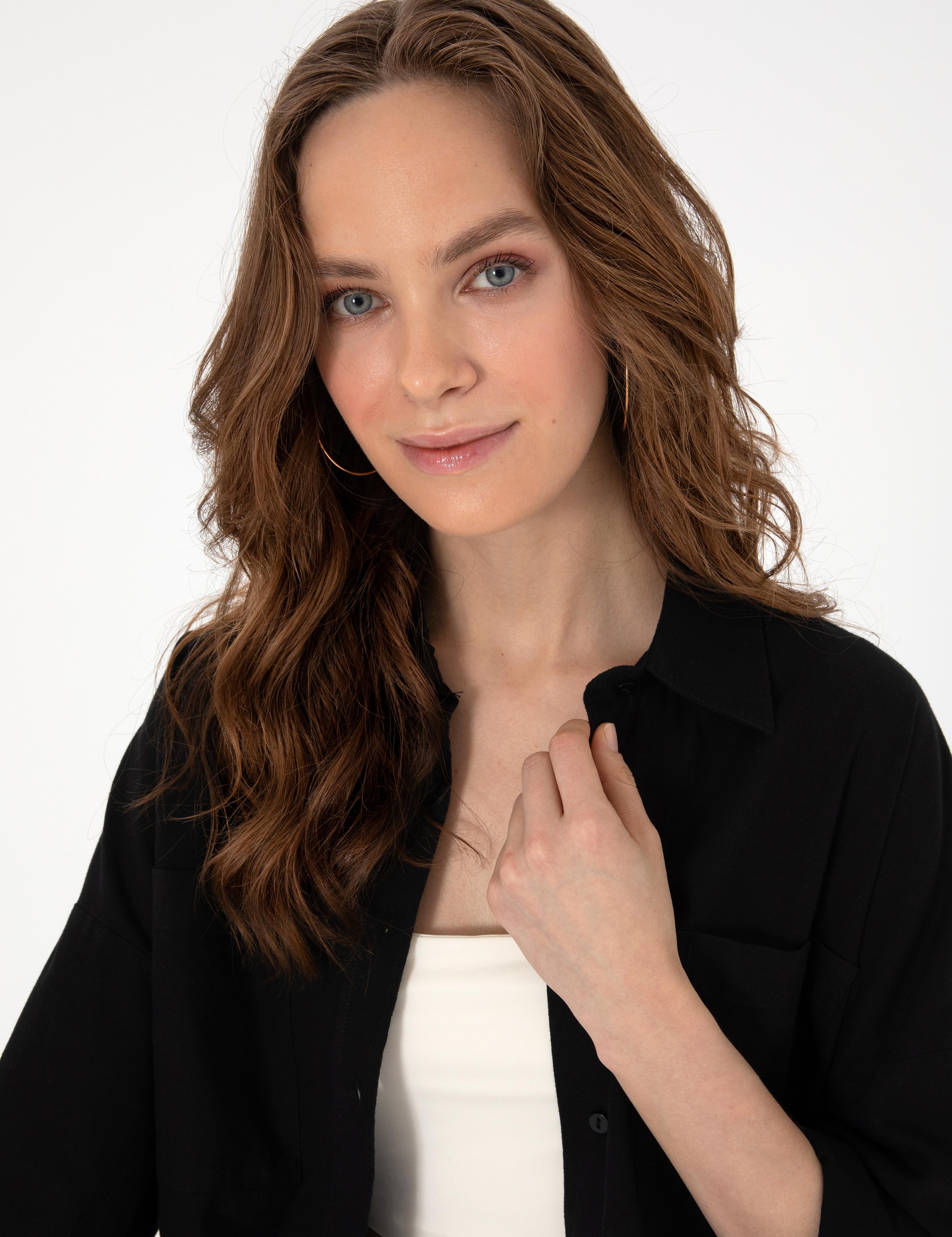 Siyah Oversize Keten Karışımlı Uzun Kollu Gömlek