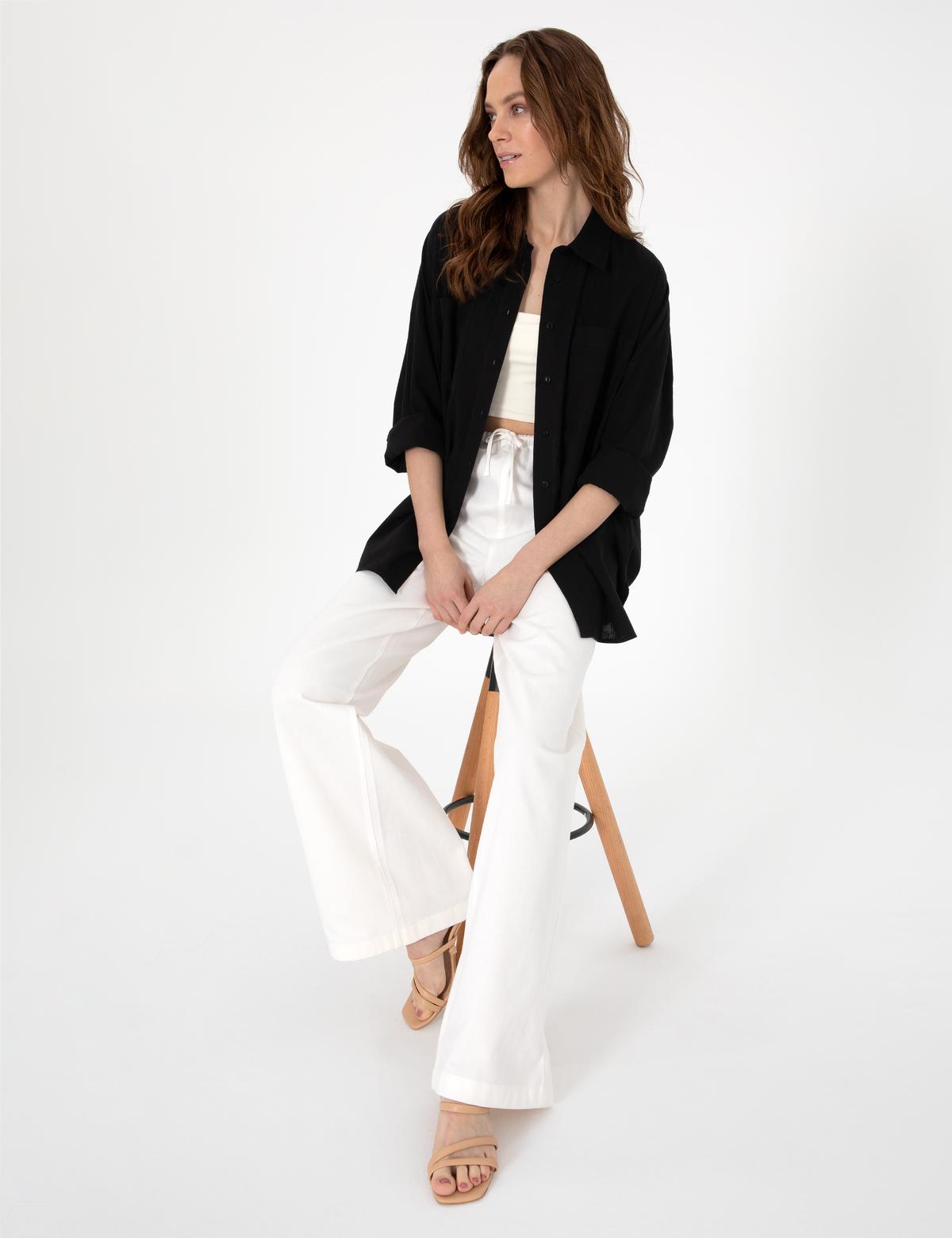 Siyah Oversize Keten Karışımlı Uzun Kollu Gömlek - 50313128021