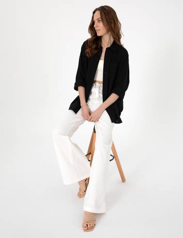 Siyah Oversize Keten Karışımlı Uzun Kollu Gömlek