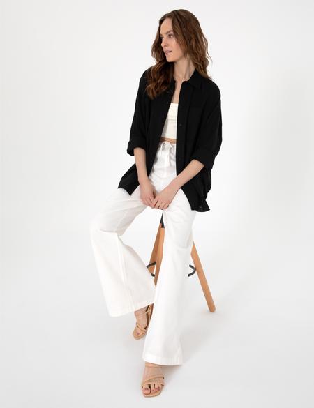 Siyah Oversize Keten Karışımlı Uzun Kollu Gömlek - 50313128021