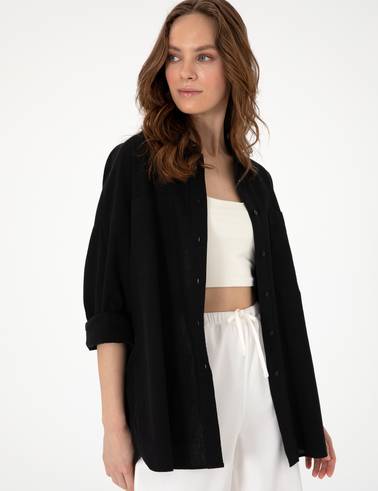 Siyah Oversize Keten Karışımlı Uzun Kollu Gömlek