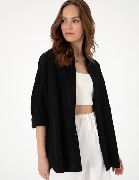 Siyah Oversize Keten Karışımlı Uzun Kollu Gömlek - 50313128021